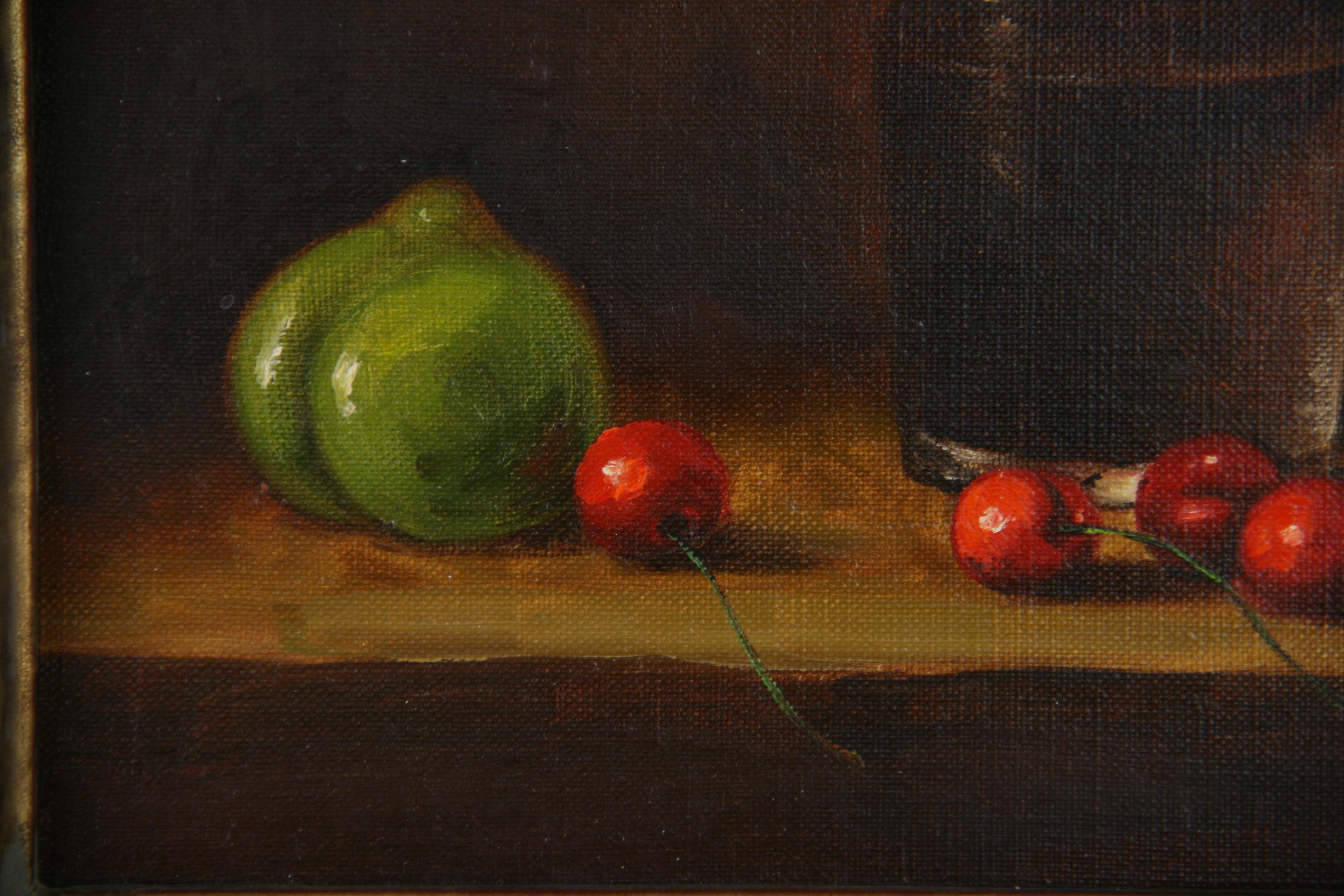 Amerikanisch-impressionistischer Stillleben-Tisch aus Kirschbaumholz mit Ölgemälde – Painting von Unknown