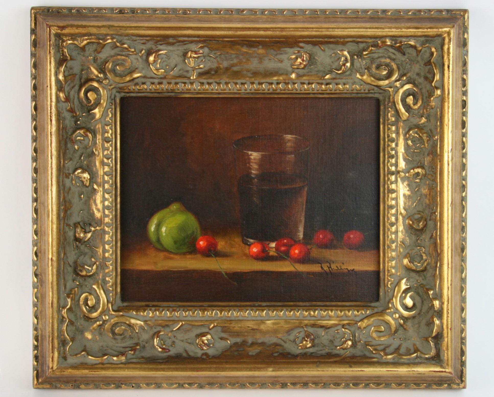 Amerikanisch-impressionistischer Stillleben-Tisch aus Kirschbaumholz mit Ölgemälde im Angebot 1