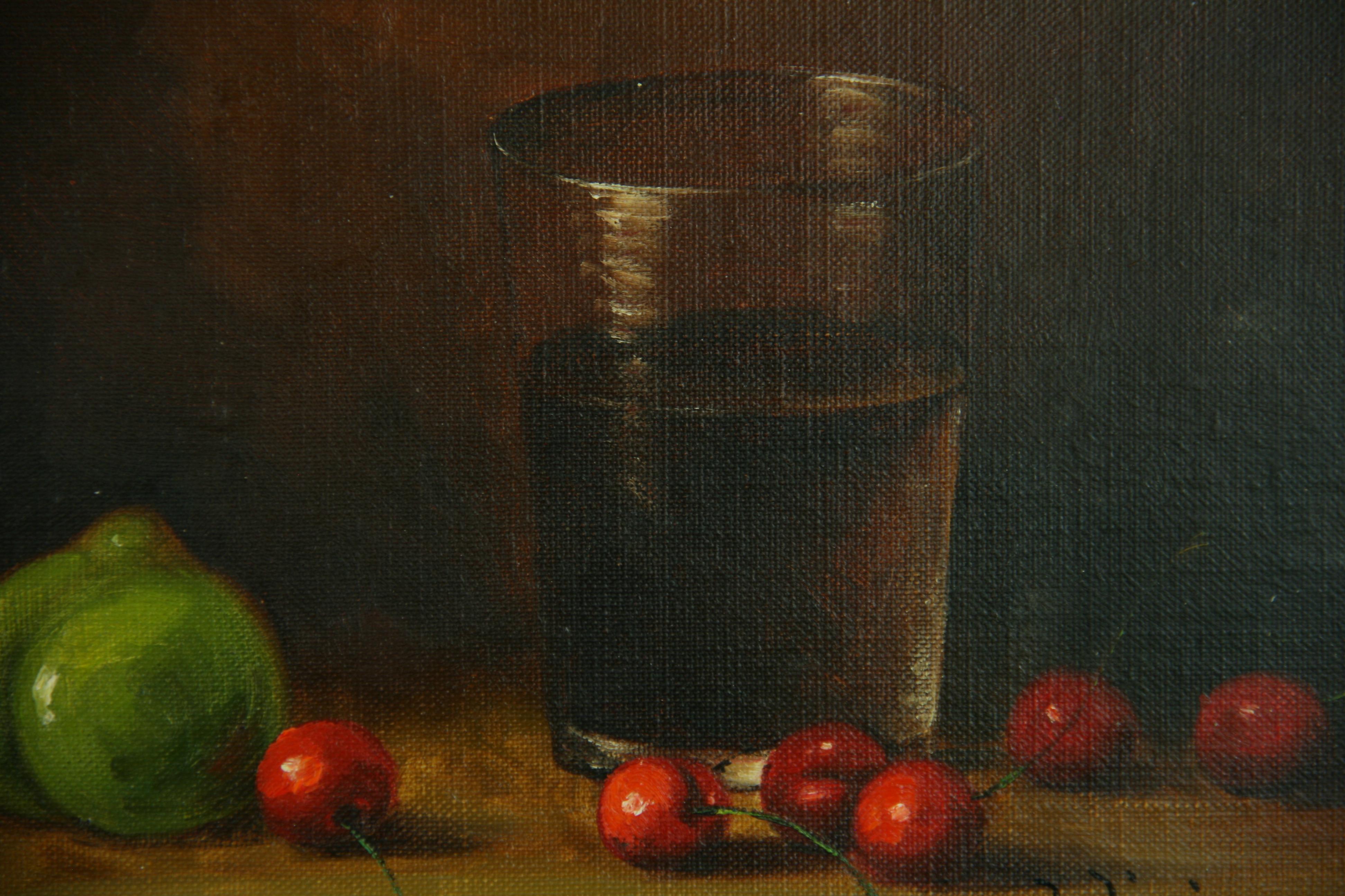Amerikanisch-impressionistischer Stillleben-Tisch aus Kirschbaumholz mit Ölgemälde im Angebot 3