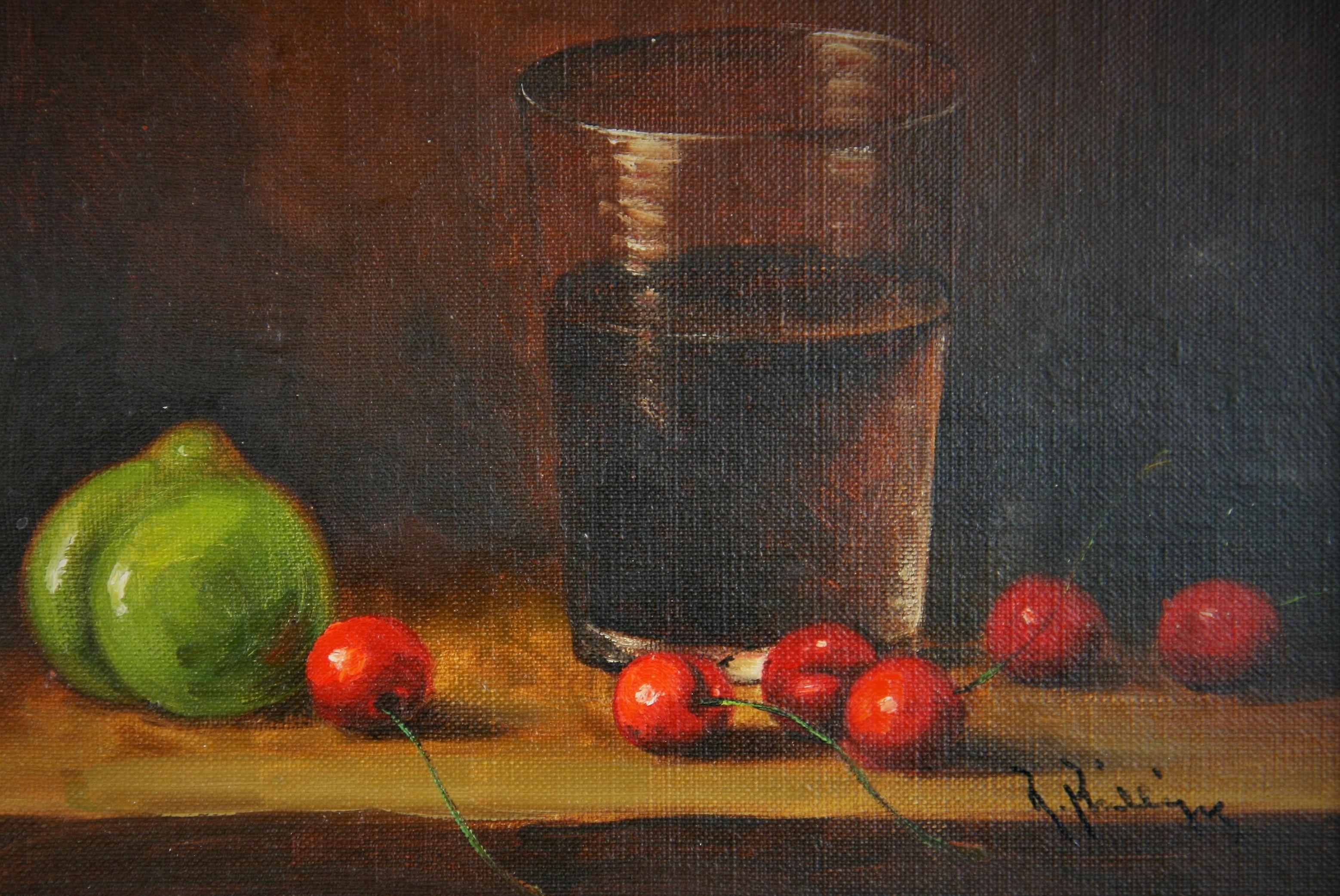 Unknown Still-Life Painting – Amerikanisch-impressionistischer Stillleben-Tisch aus Kirschbaumholz mit Ölgemälde