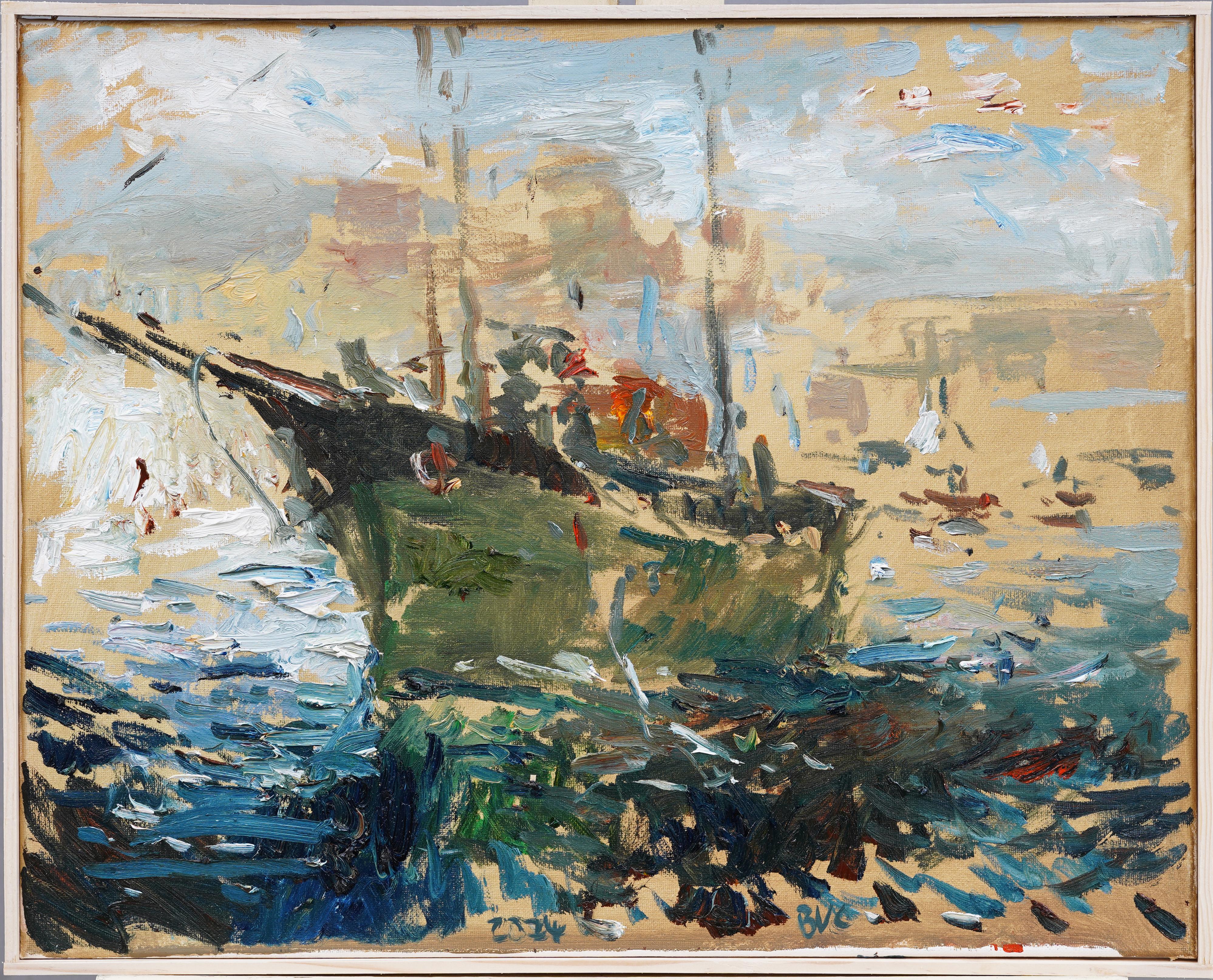 Gerahmte nautische Meereslandschaft, Ölgemälde eines amerikanischen Impressionisten, Coastal Seascape – Painting von Unknown