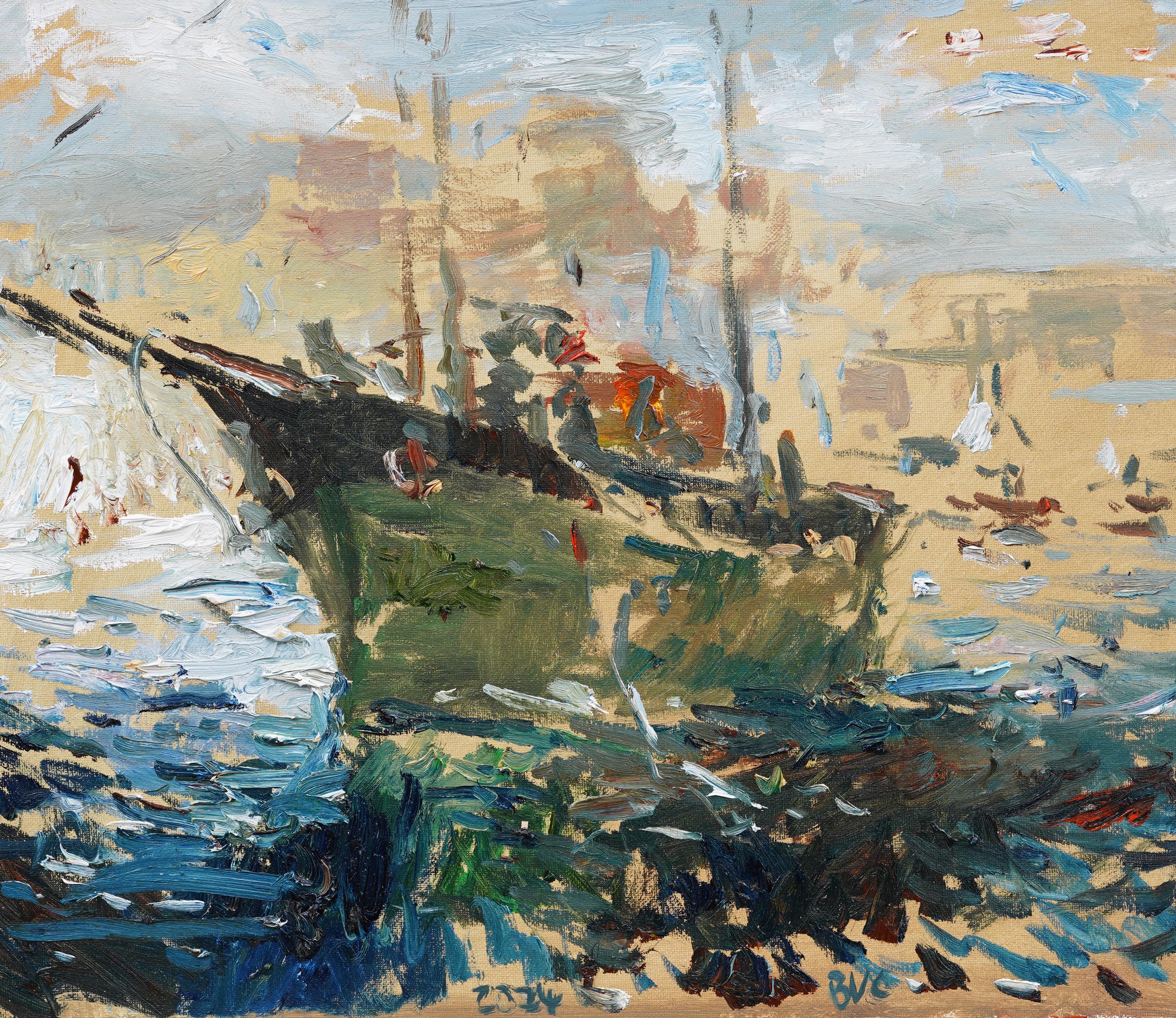 Impressionista americano, paesaggio marino costiero, dipinto a olio con cornice, barca a vela nautica - Landscape Painting Marrone di Unknown