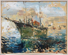 Peinture à l'huile impressionniste américaine de paysage marin côtier encadrée, bateau à voile