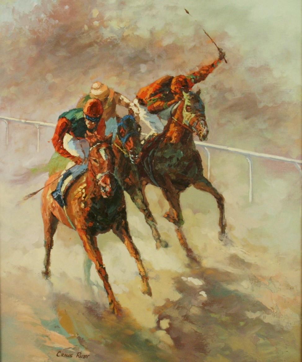 American Impressionist Equestrian Oil Painting At The Races Finish Line - Brown Animal Painting by Unknown
