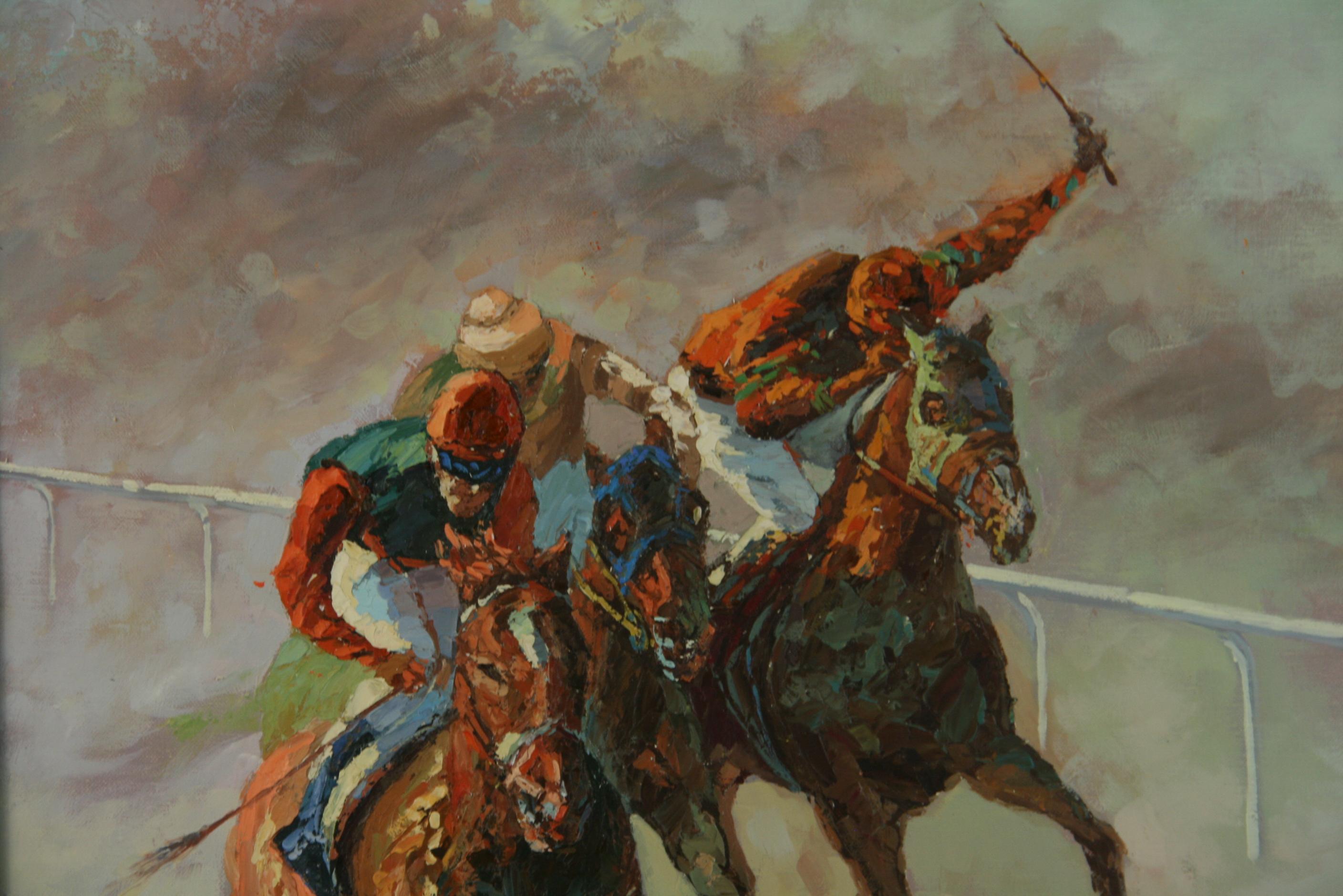 American Impressionist Equestrian Oil Painting At The Races Finish Line For Sale 1