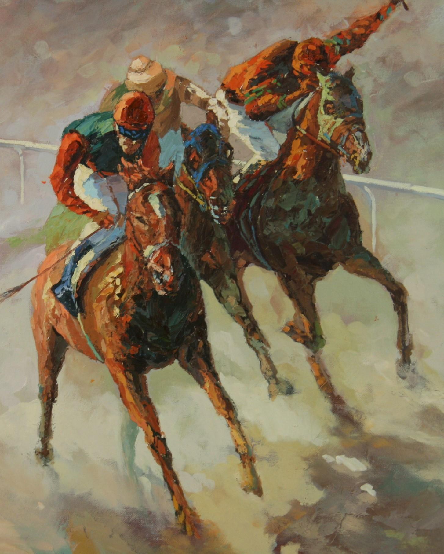 American Impressionist Equestrian Oil Painting At The Races Finish Line For Sale 2