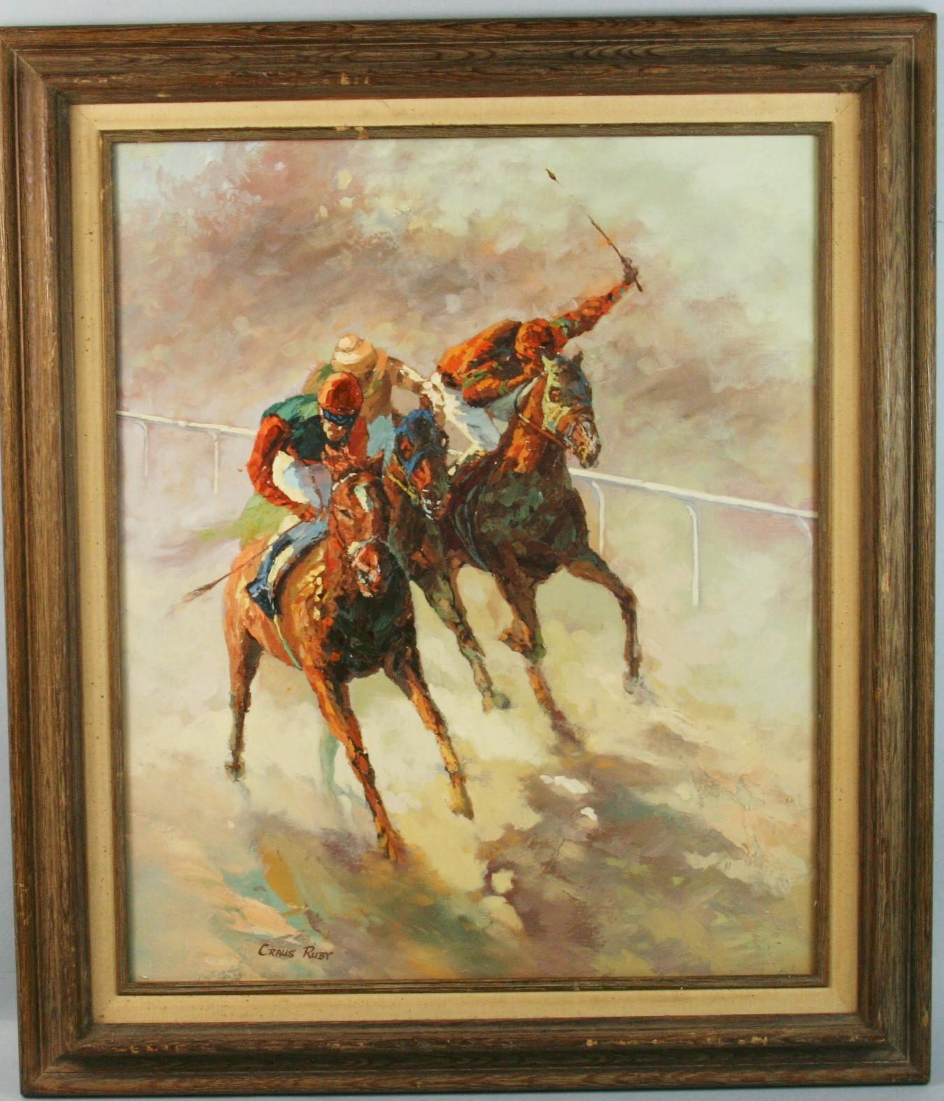 Unknown Animal Painting - American Impressionist Equestrian Oil Painting At The Races Finish Line