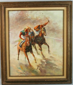 Vintage American Impressionist Equestrian Oil Painting At The Races Finish Line