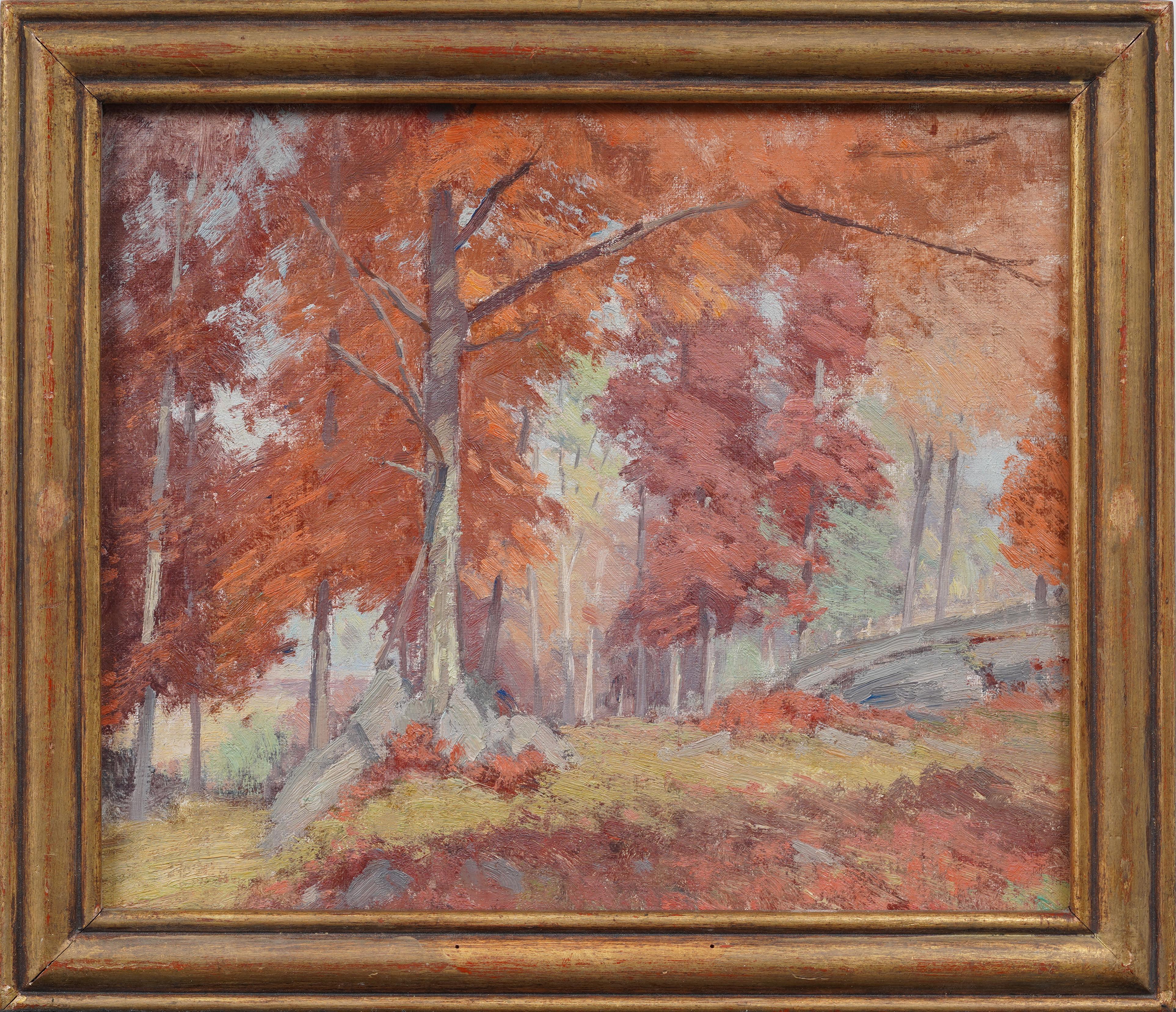 American Impressionist Fall Landscape Framed Forest Interior Oil Painting