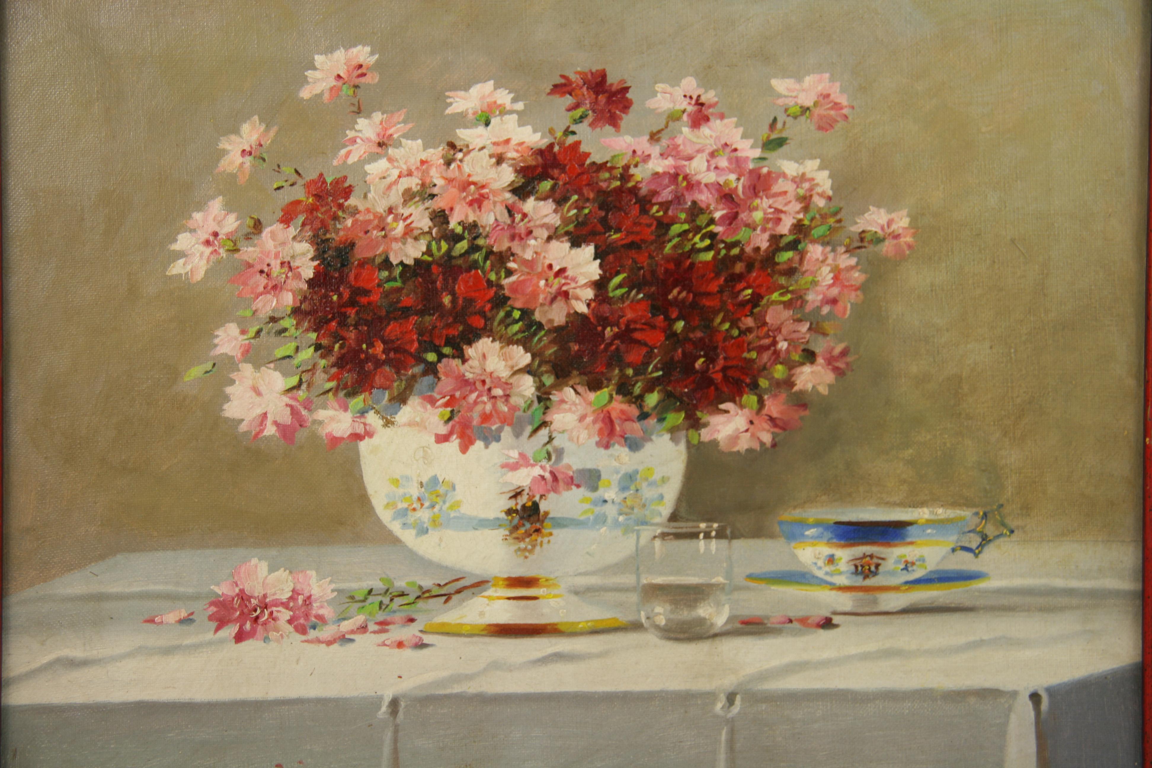 American Impressionist Floral Table Setting Still Life 1950 - Painting by Unknown