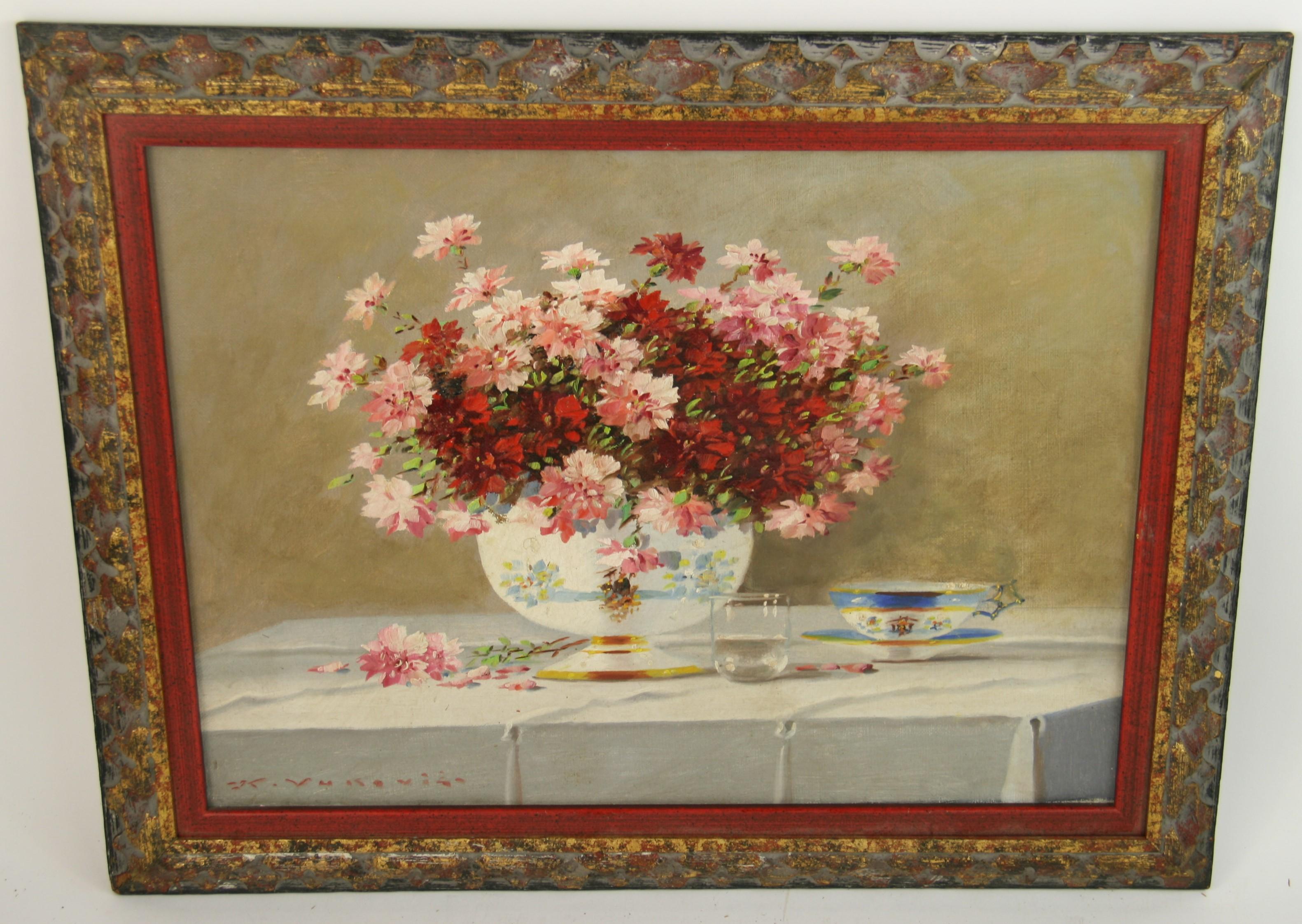Antiker amerikanischer Impressionist florale Tabelle Einstellung Stillleben 1950 (Braun), Still-Life Painting, von Unknown