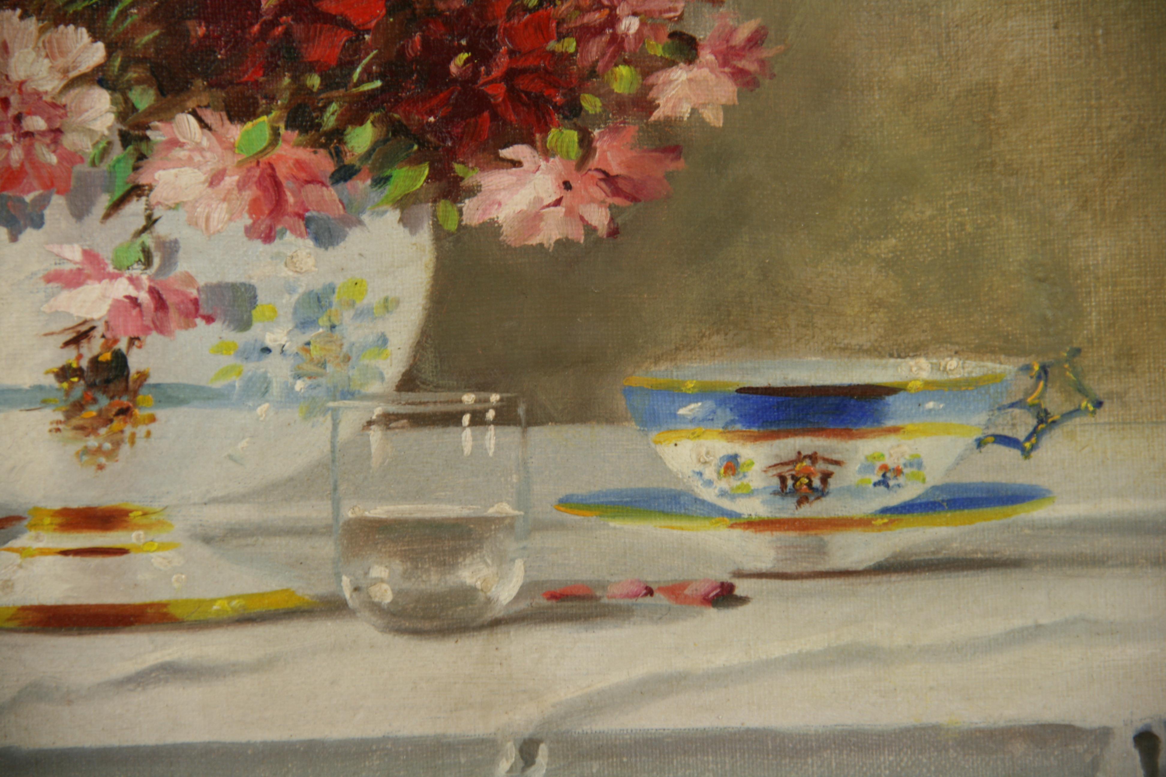 American Impressionist Floral Table Setting Still Life 1950 For Sale 1