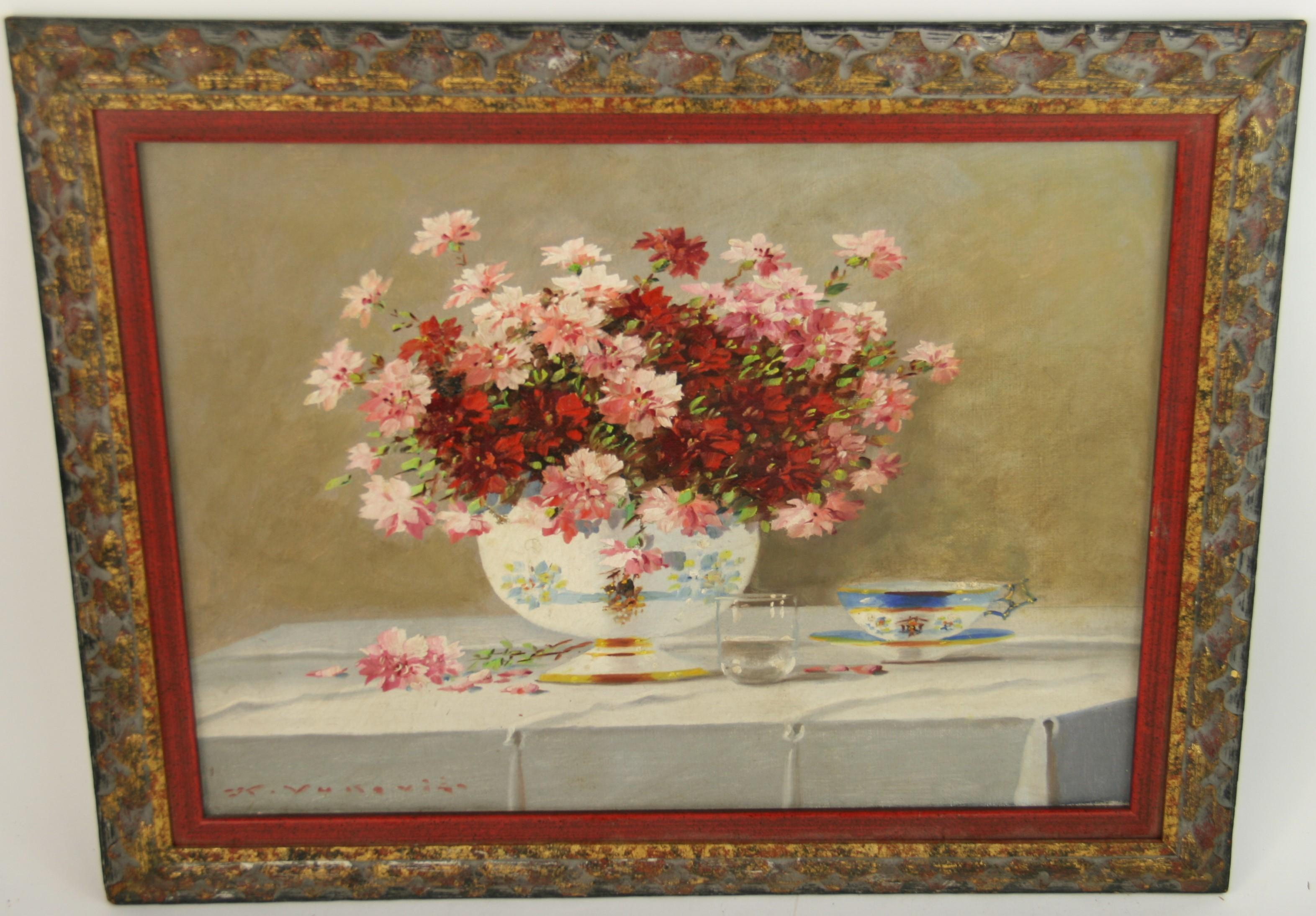 Unknown Still-Life Painting - American Impressionist Floral Table Setting Still Life 1950