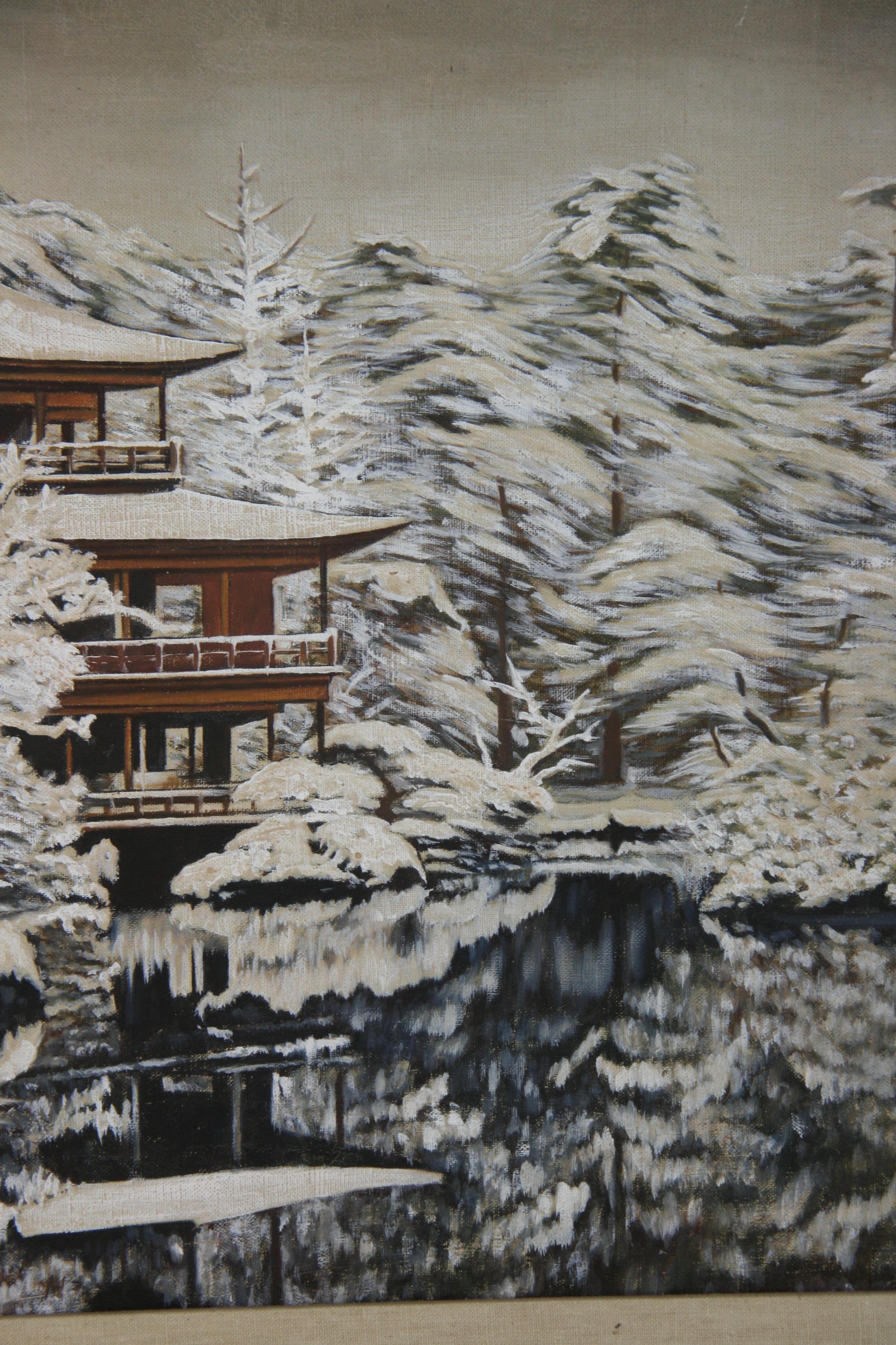 Americana  Impresionista  Paisaje al óleo Invierno en Sapporo Japón en venta 3