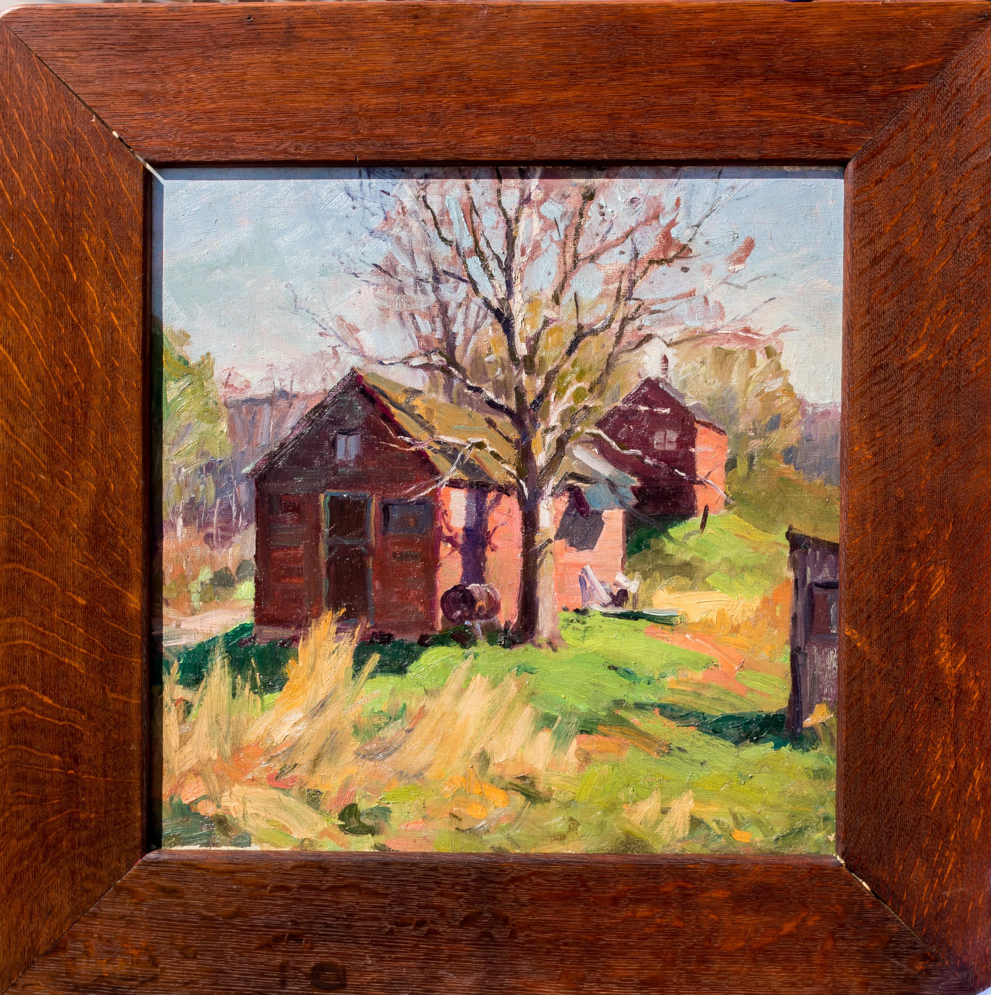 This striking sunlit vintage American Impressionist landscape painting titled 