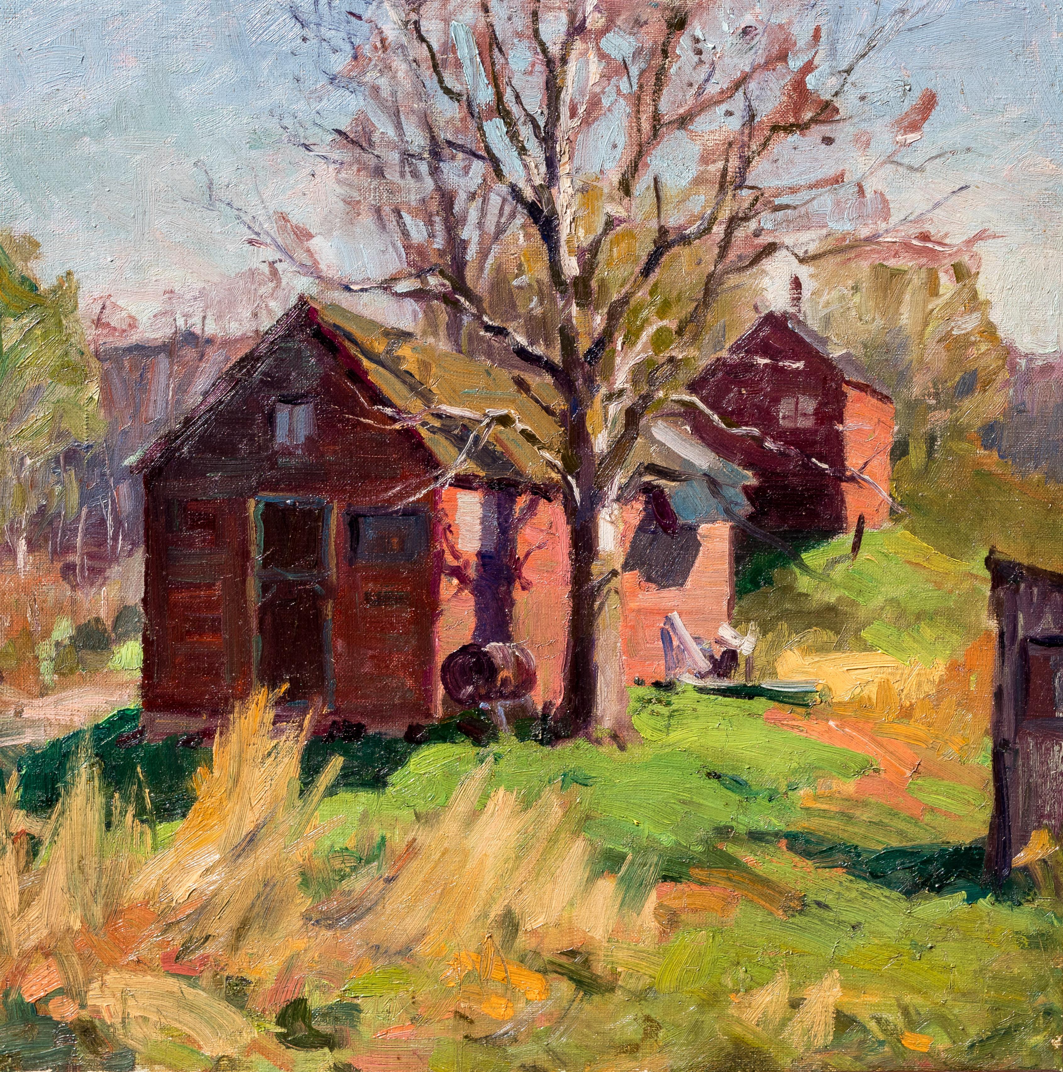 This striking sunlit vintage American Impressionist landscape painting titled "Summer Cottages"( Circa 1925), harkens strongly to Pennsylvania Impressionism. It features vibrant painterly brushwork, beautiful color, and dramatic light with a lovely