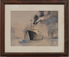Dipinto in stile "Ashcan" incorniciato, raffigurante una scena nautica impressionista americana sull'East River a New York
