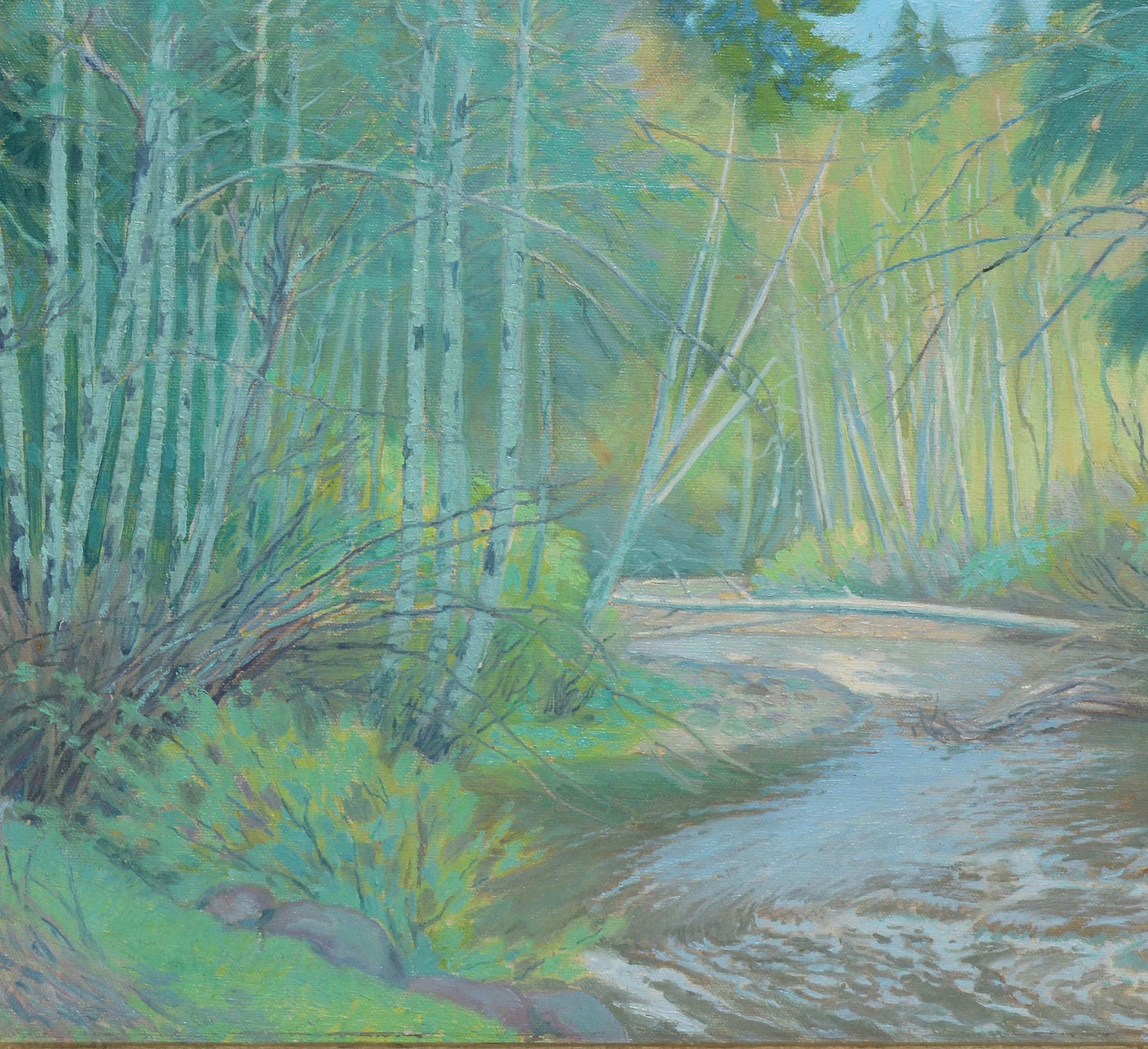 Impressionist view of a brook in a forest.  Oil on canvas, circa 1940.  Signed illegibly lower right.  Displayed in a wood frame.  Image size, 18