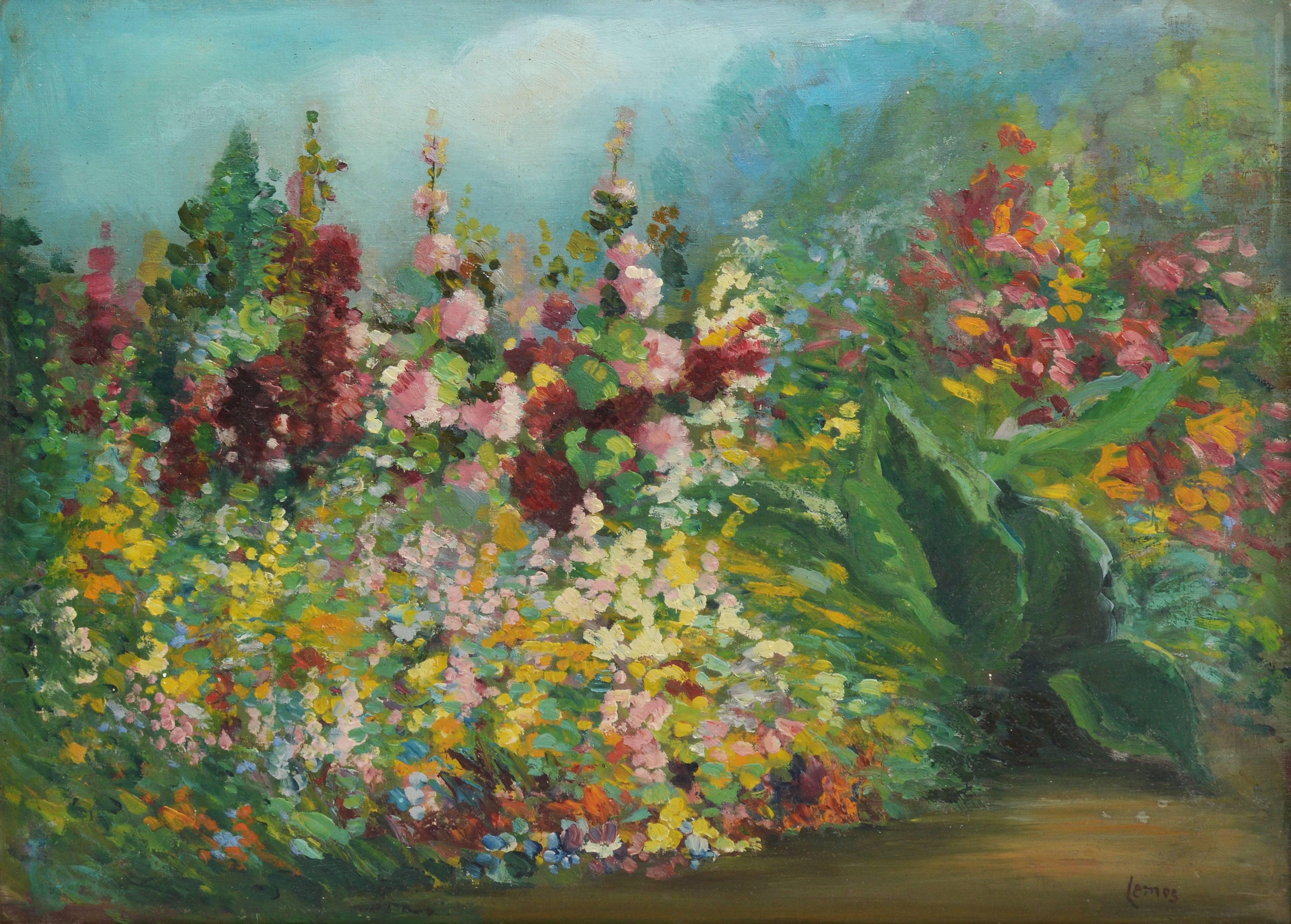 American Impressionist School Wild Flower Blooming Landscape - Brown Landscape Painting by Unknown