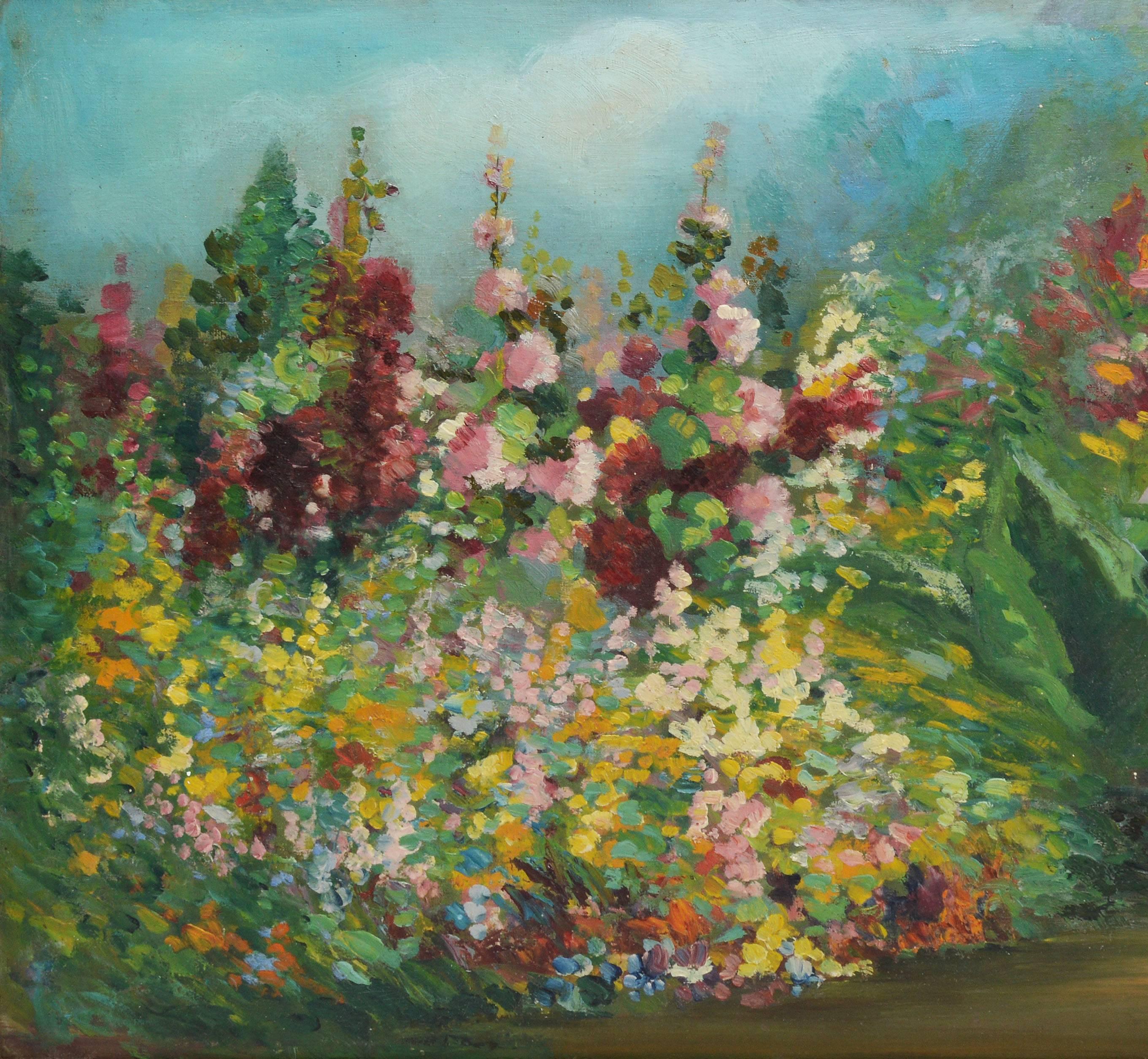 Impressionist view of a landscape with blooming wild flowers. Oil on board, circa 1910. Signed lower right illegibly. Displayed in a giltwood frame. Image size, 20