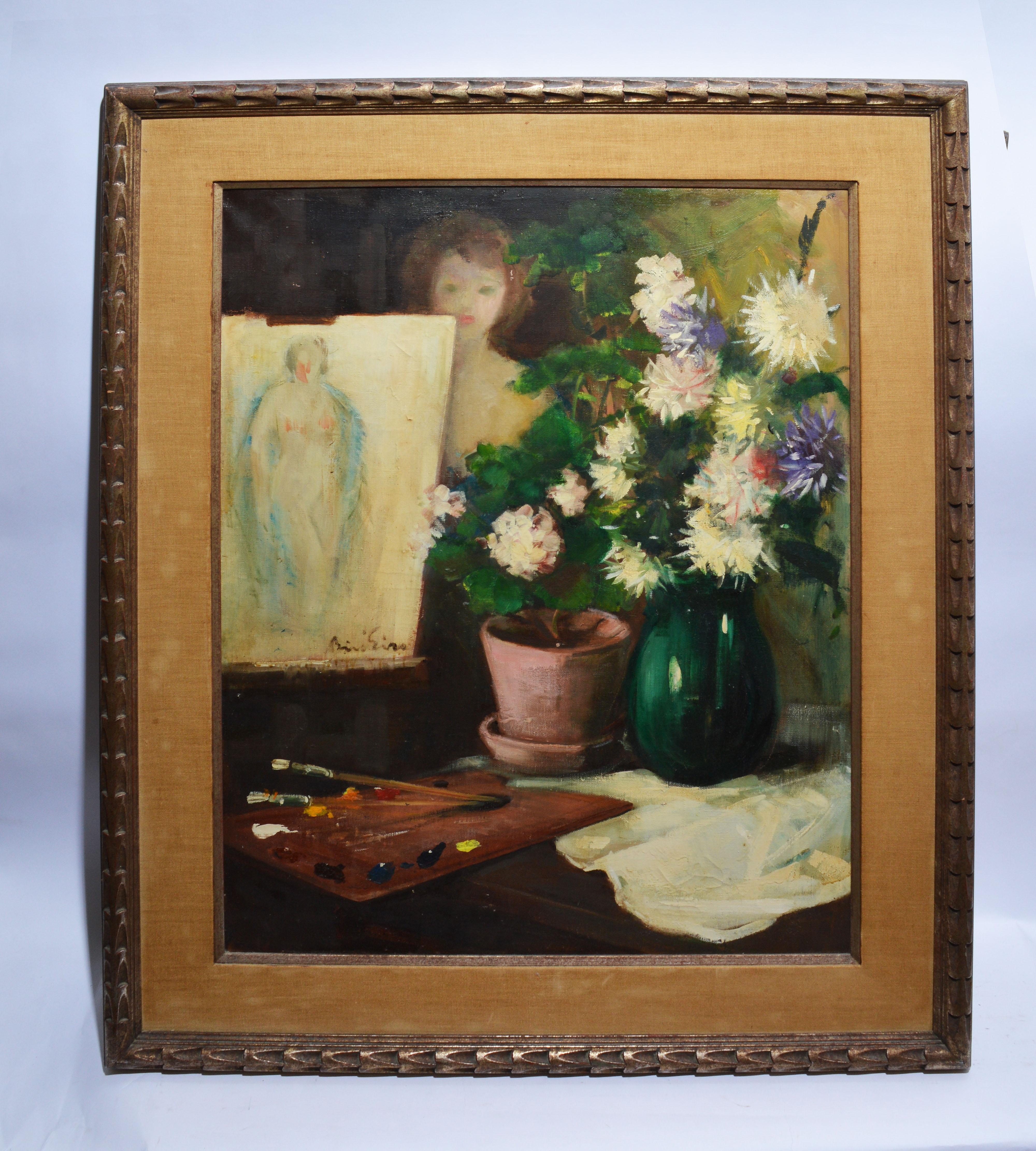 American Impressionist Self Portrait Nude Flower Still Life Signed Oil Painting (Braun), Nude Painting, von Unknown