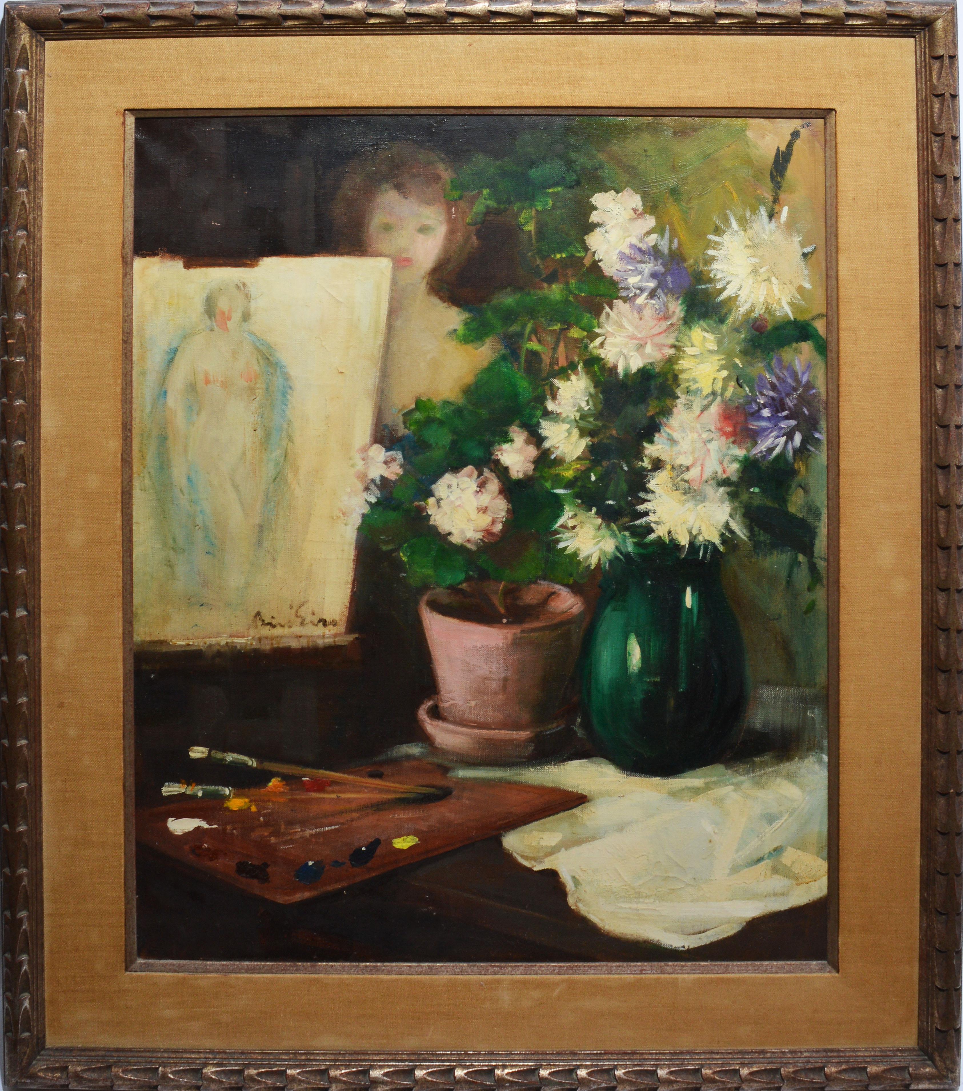 Unknown Nude Painting – American Impressionist Self Portrait Nude Flower Still Life Signed Oil Painting