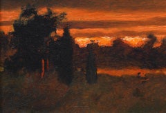 American Impressionist Sunset Landscape Framed Original Signed Oil Painting