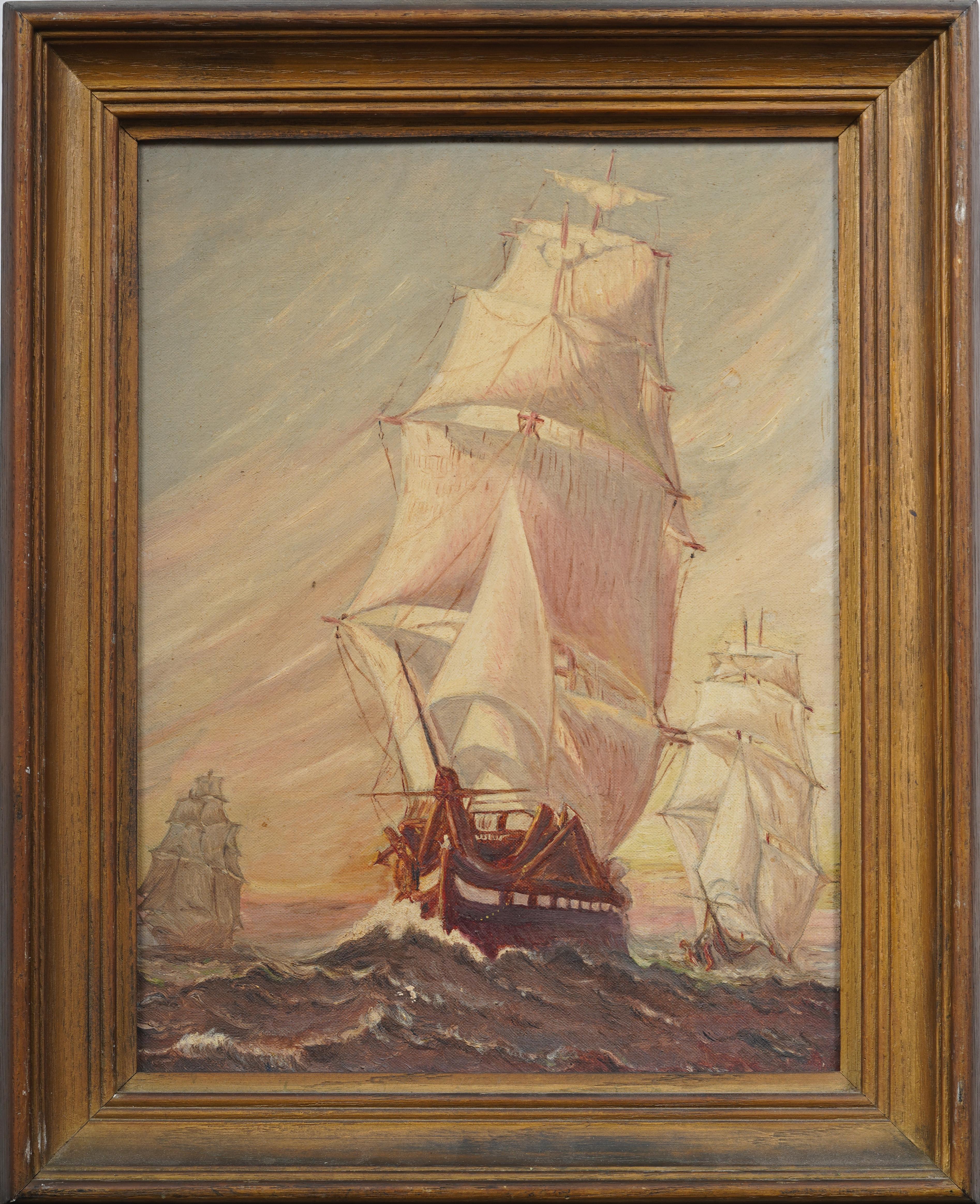 American Impressionist Sunset Sailboat Seascape Framed Original Oil Painting