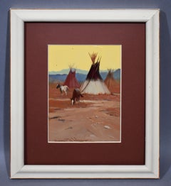American Impressionist Western Native American Camp Teepee Horse Oil Painting