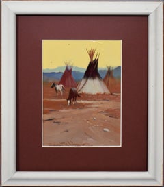 Vintage American Impressionist Western Native American Camp Teepee Horse Oil Painting