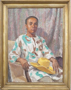 American Impressionist Young Black Man Nicely Framed Oil Painting Portrait