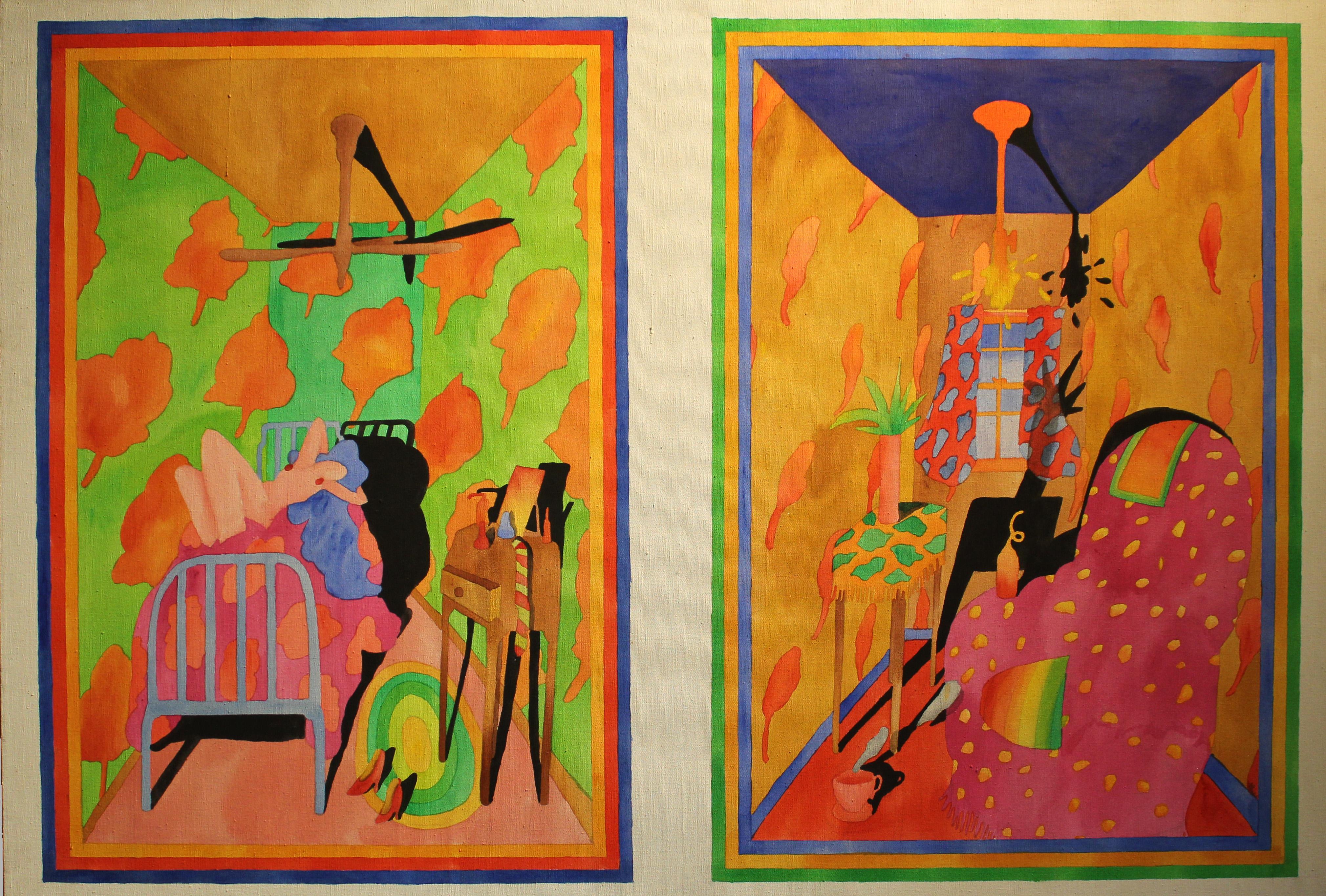 Amerikanisches Innenraum-Ölgemälde, Nude, 1970er Jahre, helle Neonfarben, Rosa, Grün, Blau   – Painting von Unknown