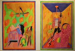 American Interior Nude Oil Painting 1970's Bright Neon Colors Pink Green Blue