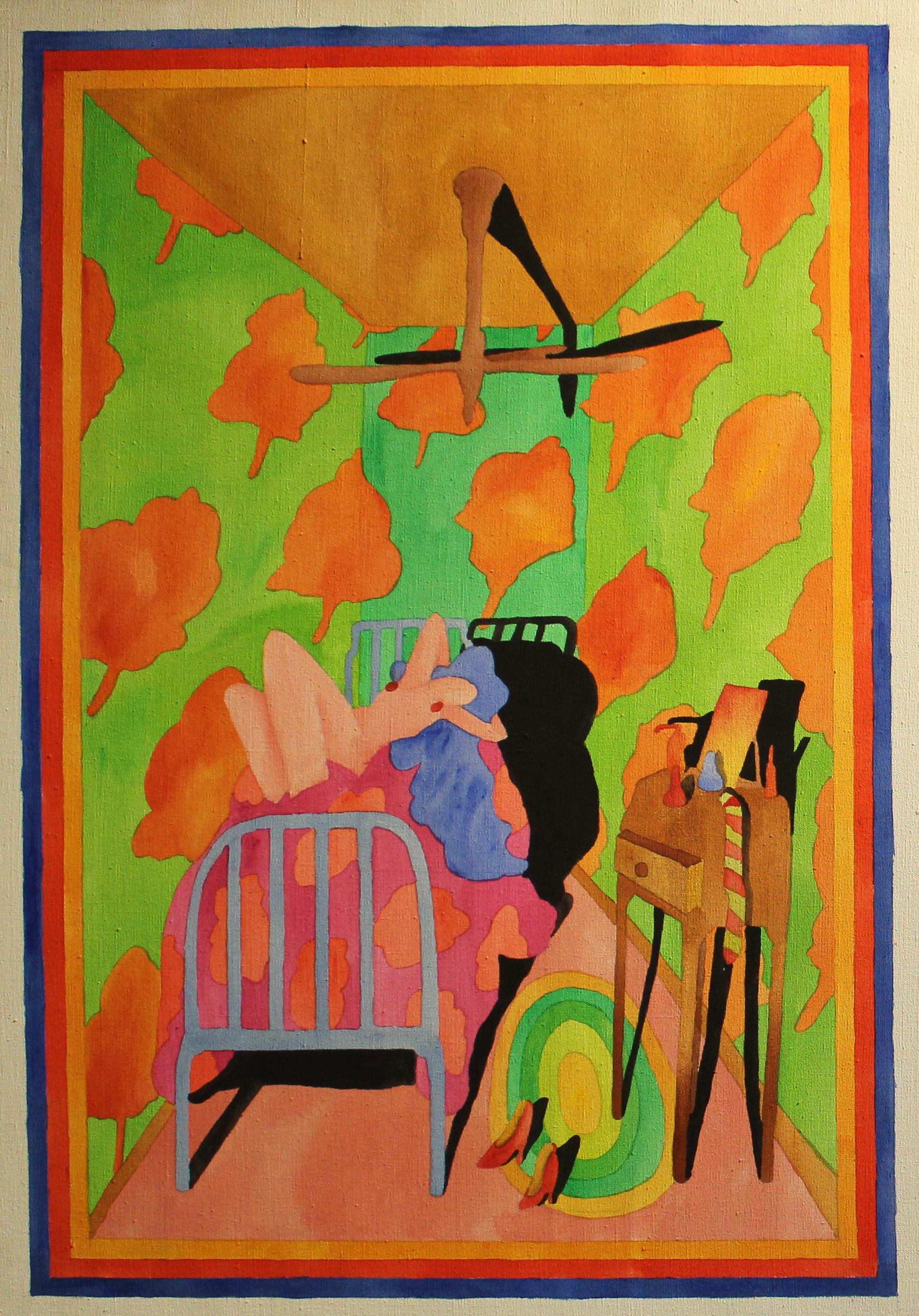 Amerikanisches Innenraum-Ölgemälde, Nude, 1970er Jahre, helle Neonfarben, Rosa, Grün, Blau   (Pop-Art), Painting, von Unknown