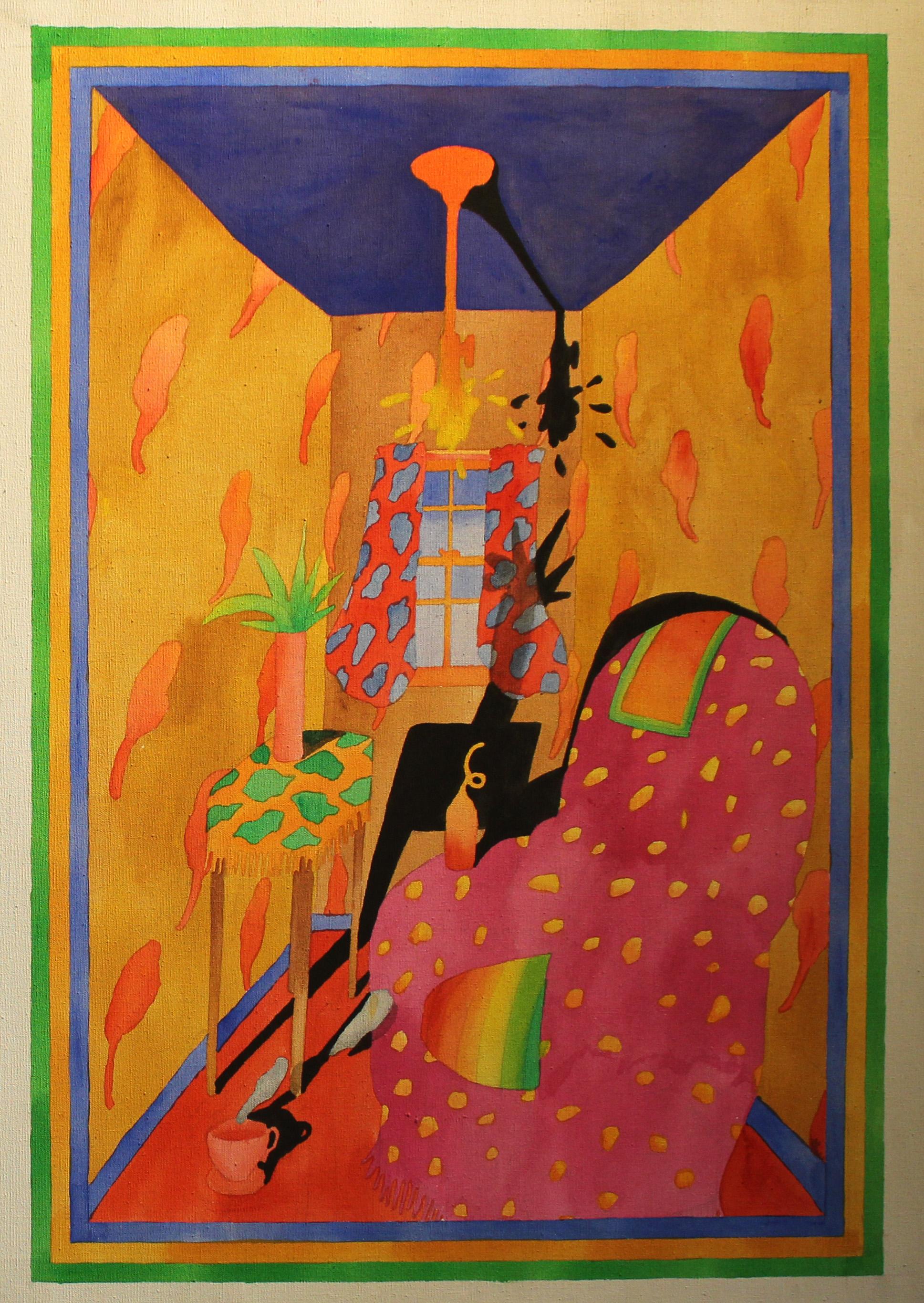 Peinture à l'huile - Nu d'intérieur américain des années 1970 - Couleurs fluo vives - Rose - Vert - Bleu   - Marron Interior Painting par Unknown
