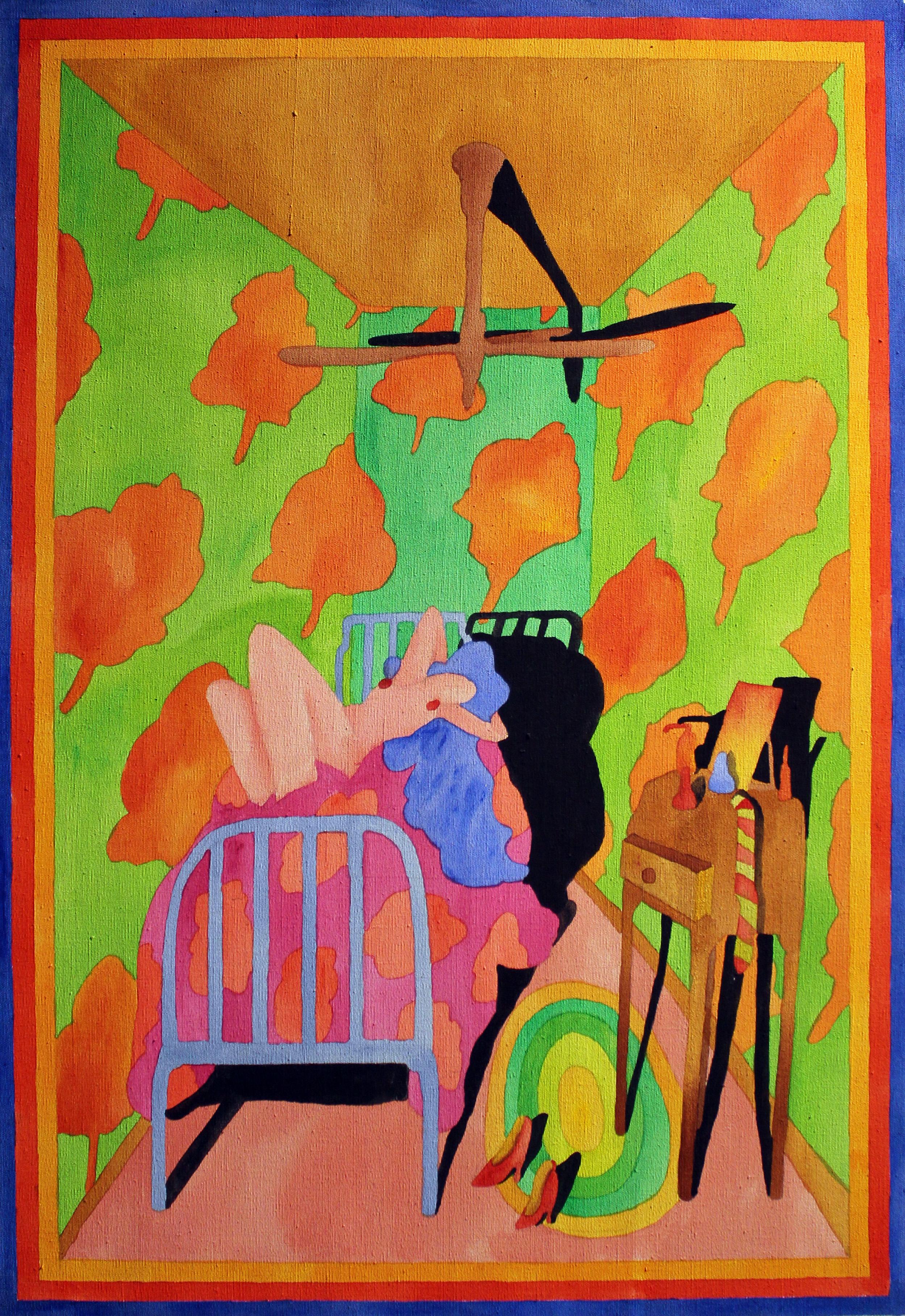 American Interior Nude Oil Painting 1970's Bright Neon Colors Pink Green Blue   - Brown Interior Painting by Unknown