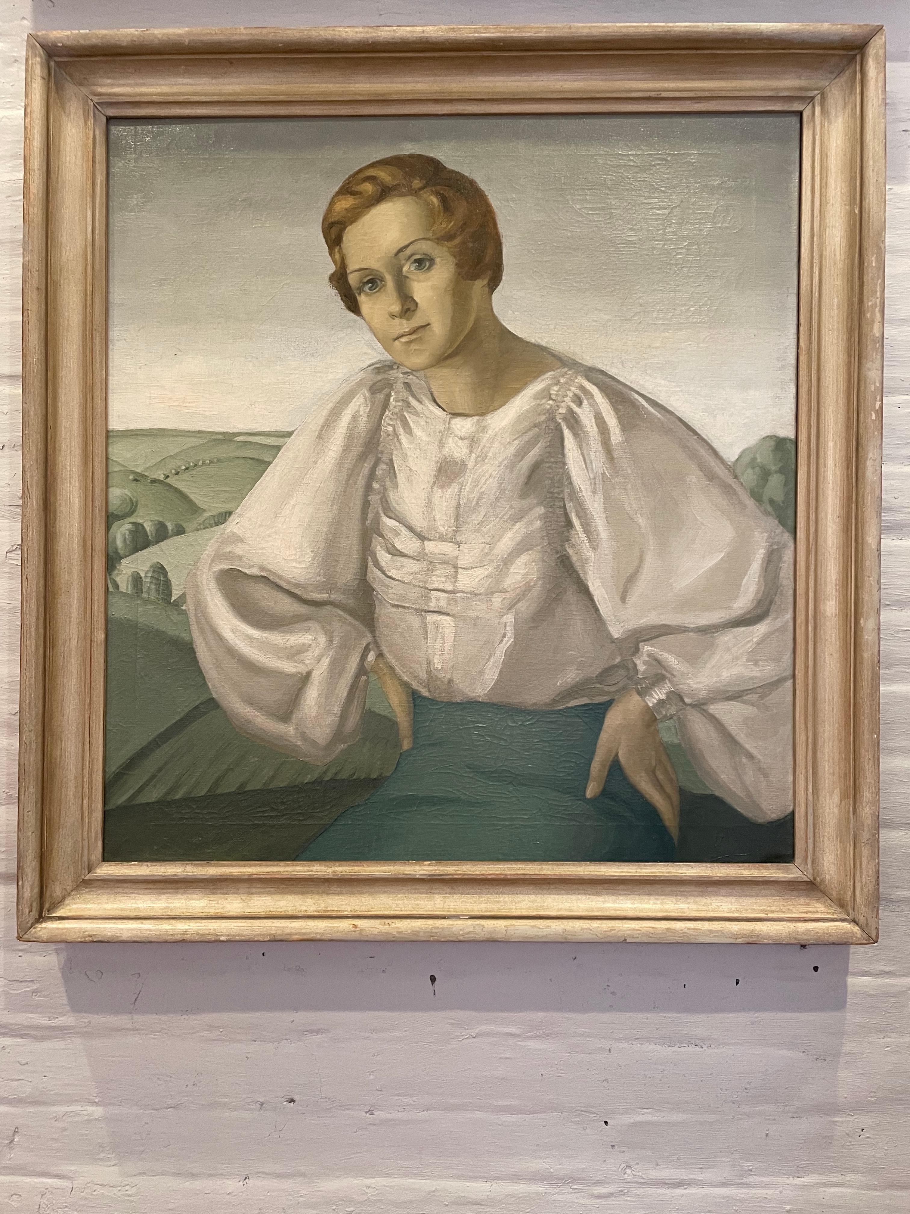 Unknown Portrait Painting - American Midwest Regional Portrait Oil Painting, Circle of Grant Wood, ca 1940’s