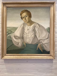American Midwest Regional Portrait Oil Painting, Circle of Grant Wood, ca 1940’s