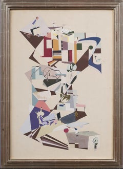 American Modern Abstract Cubist Composition Silver Frame Precisionist Painting