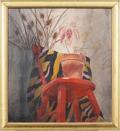 American Modernist Flower Still Life Interior Design Chair Signed Oil Painting