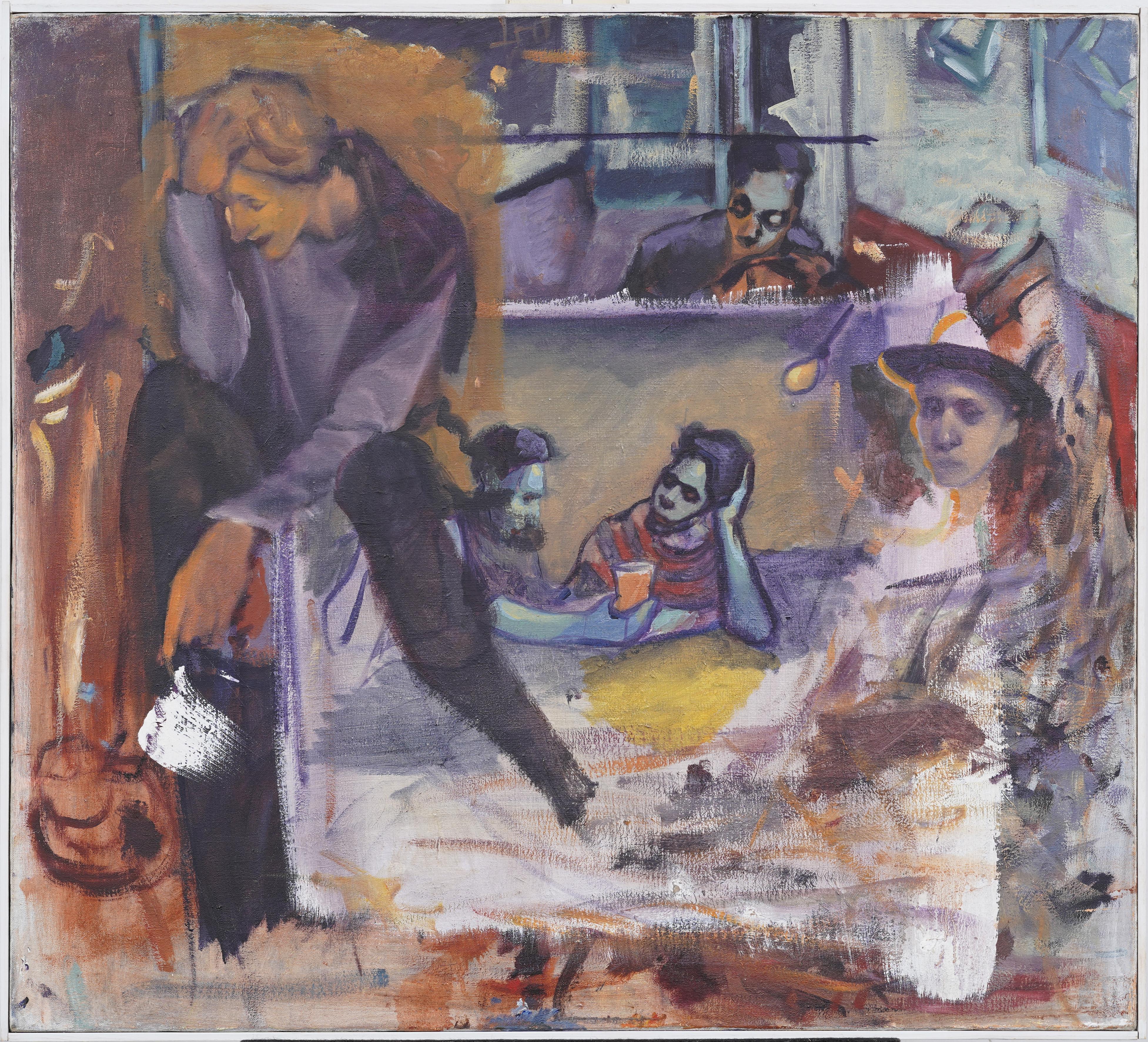 Landscape Painting Unknown - American Modernist Interior Cafe Dreamscape Composition Oil Painting