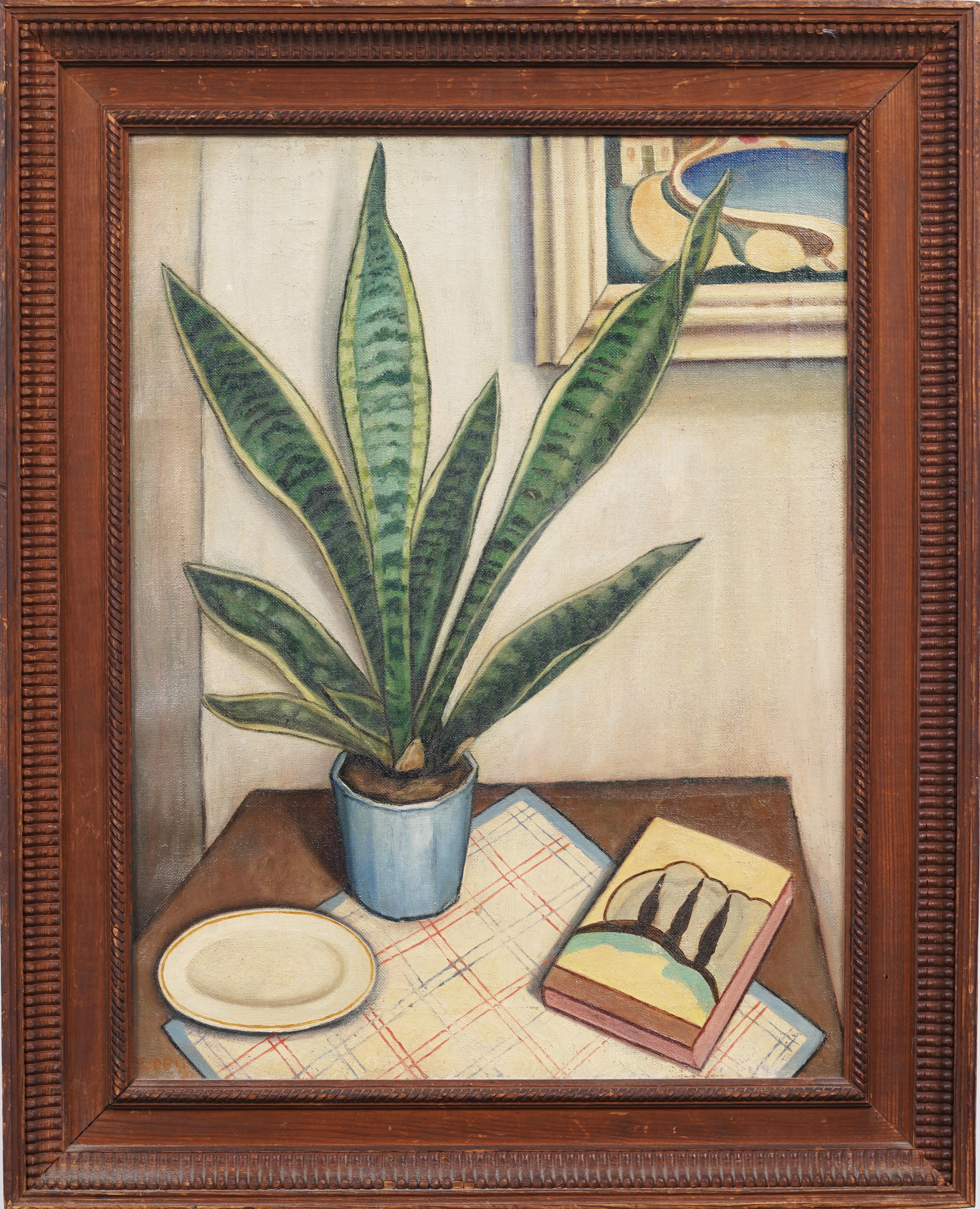 American Modernist Interior Scene Still Life Framed Original Snake Plant Signed