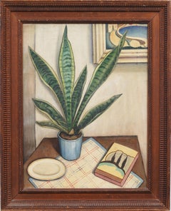 American Modernist Interior Scene Still Life Framed Original Snake Plant Signed