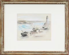 American Modernist Lighthouse Seascape Framed Original Coastal Signed Painting
