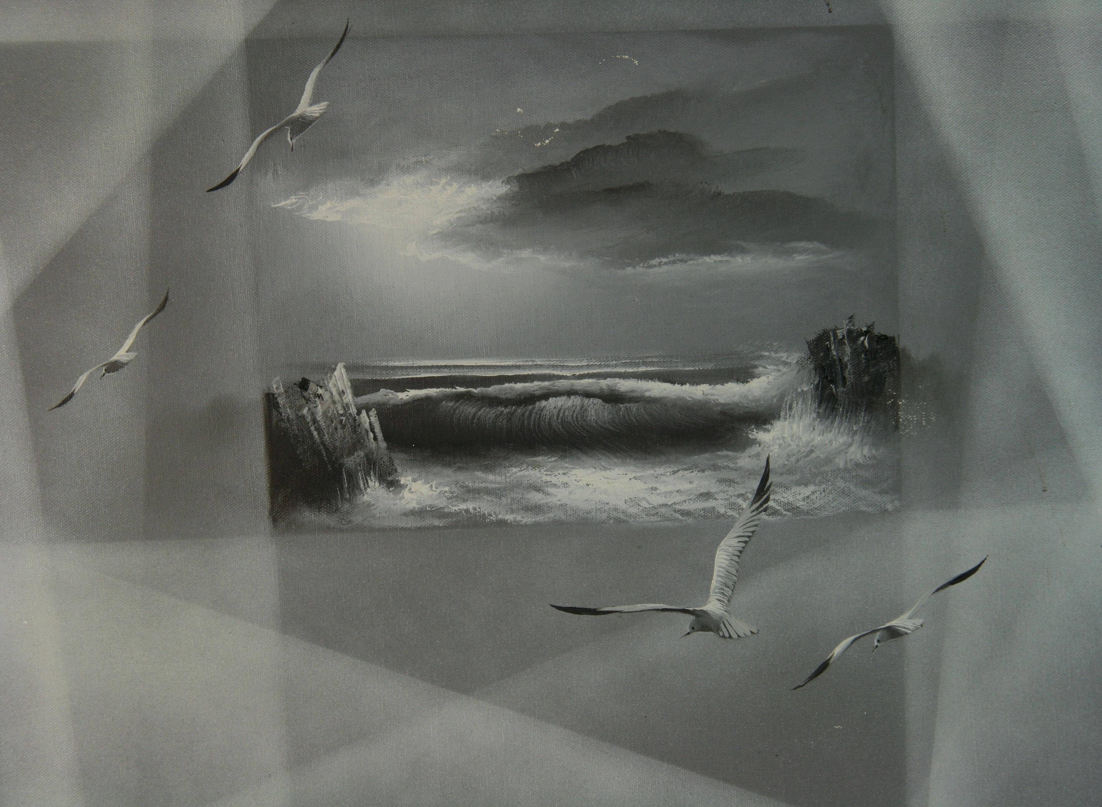 Moderniste américain Monochromatique  Peinture à l'huile « Vagues ondulantes » - Gris Landscape Painting par Unknown