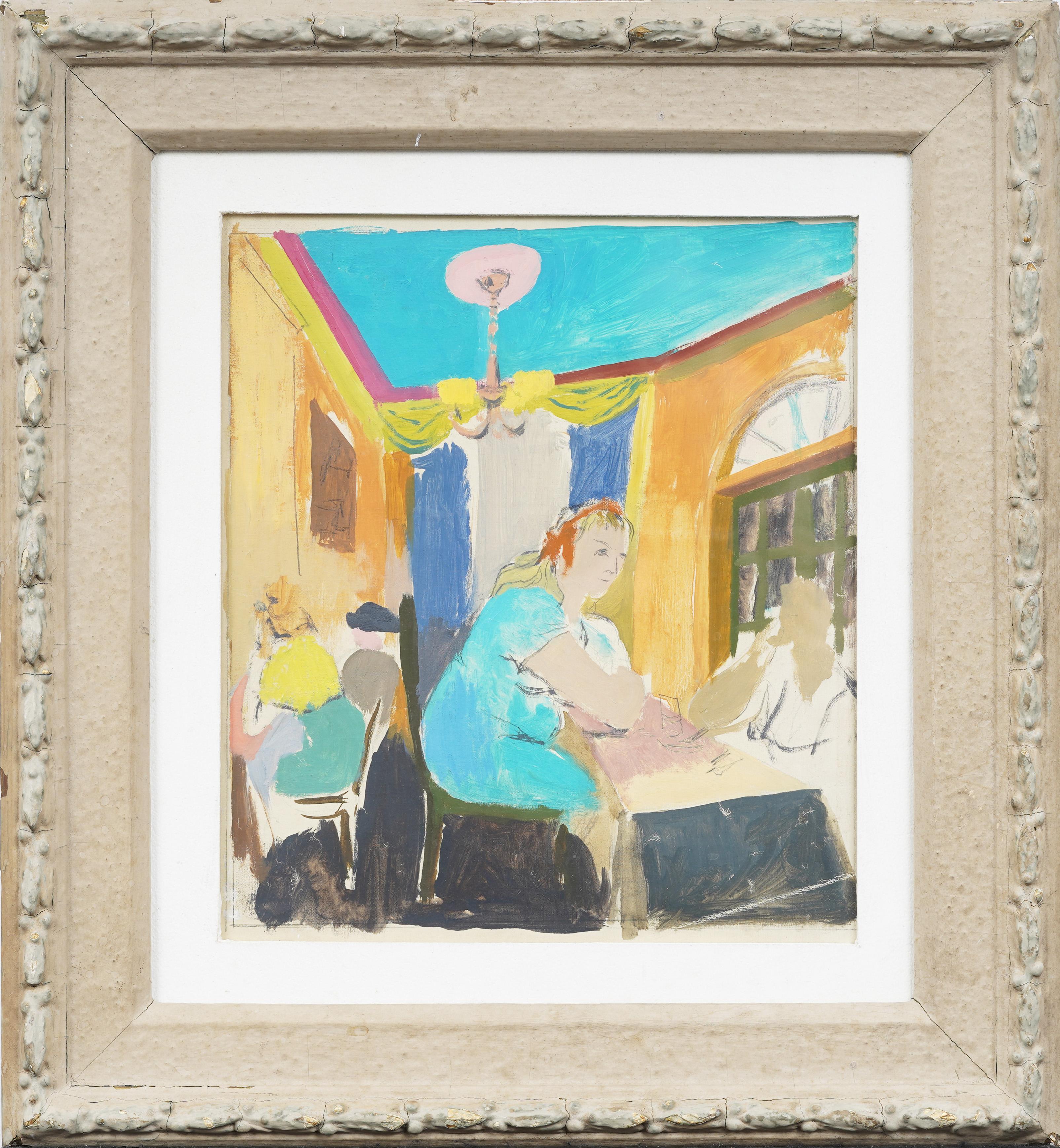 Antique American modernist interior scene painting. Oil and mixed media on paper. No signature found. Framed. Measuring: 19 by 17 inches overall, and 14.5 by 13 painting alone.   Excellent condition, ready to hang and enjoy. 