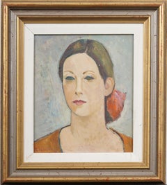 Ritratto di donna in stile modernista americano, ben incorniciato, dipinto a olio originale firmato