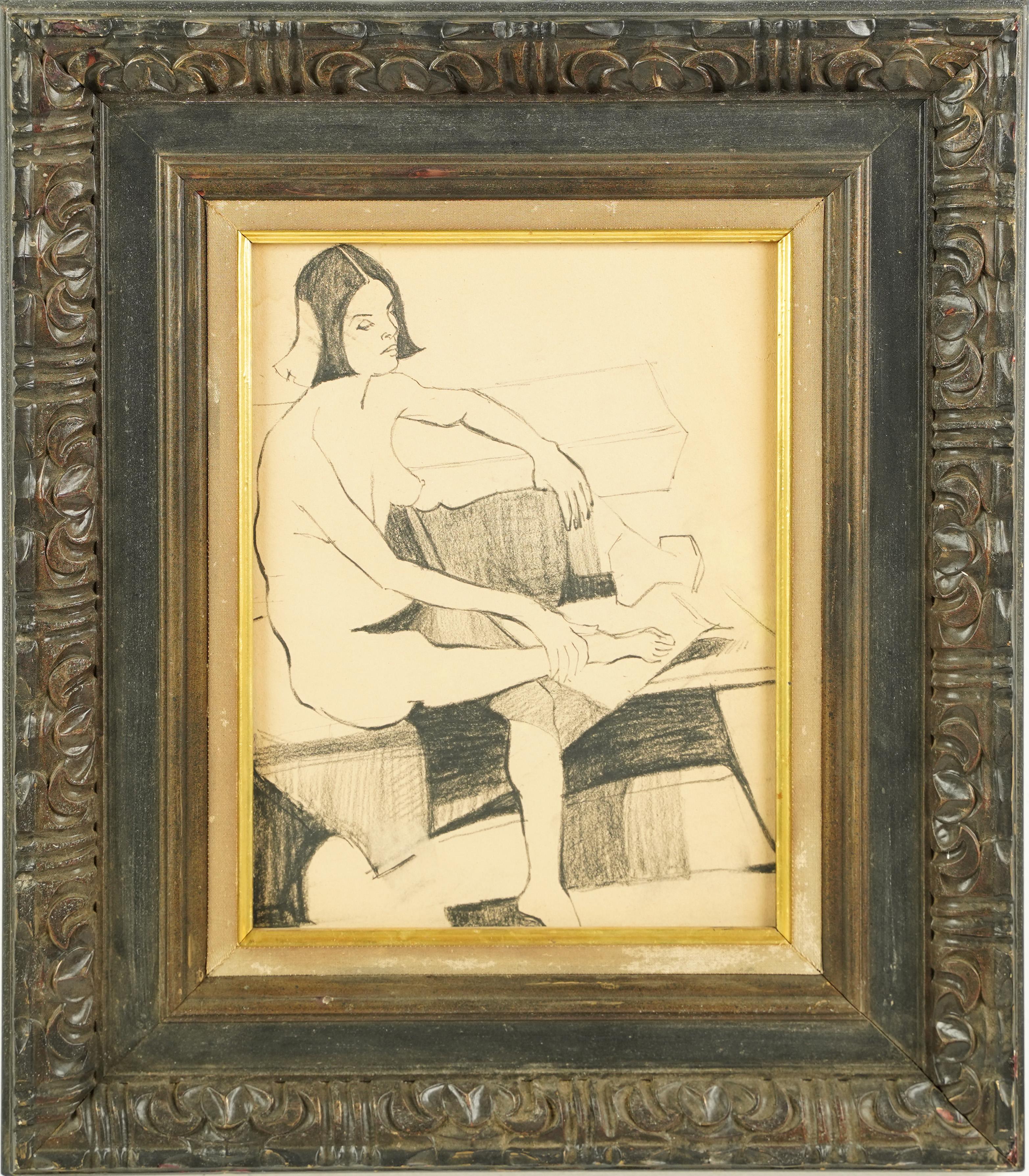 American Modernist Nude Female Cubist Portrait Gerahmte Originalzeichnung – Painting von Unknown