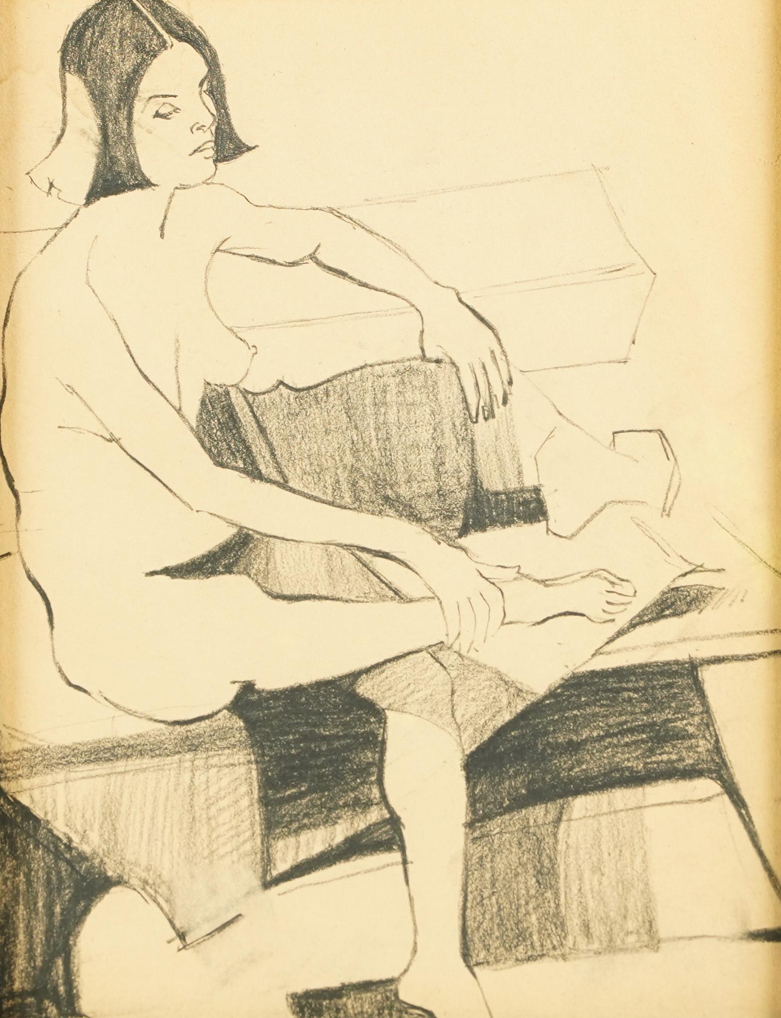 American Modernist Nude Female Cubist Portrait Gerahmte Originalzeichnung (Braun), Abstract Painting, von Unknown