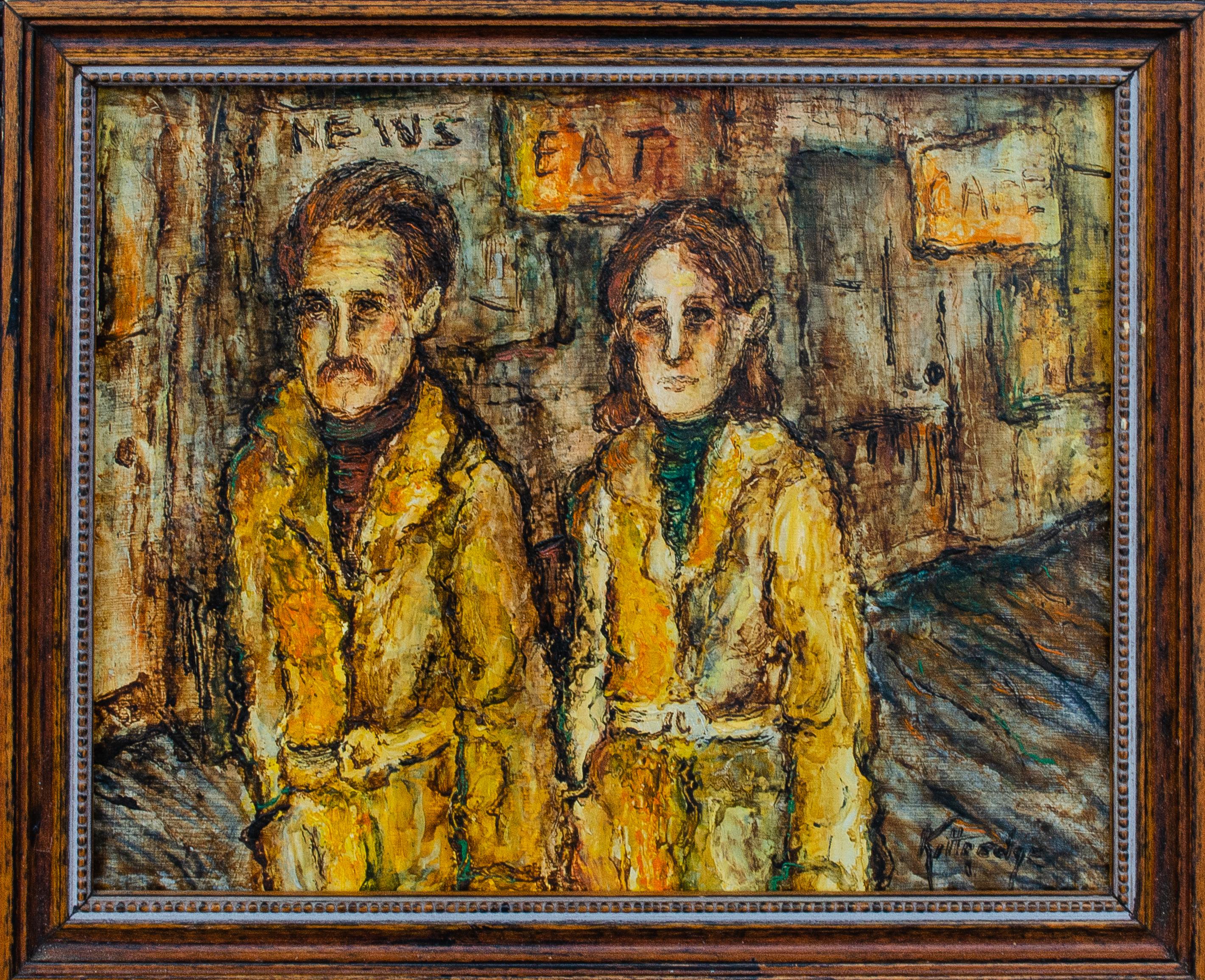 Figurative Painting de Unknown - Escena modernista americana de calle y restaurante, firmado Kittredge
